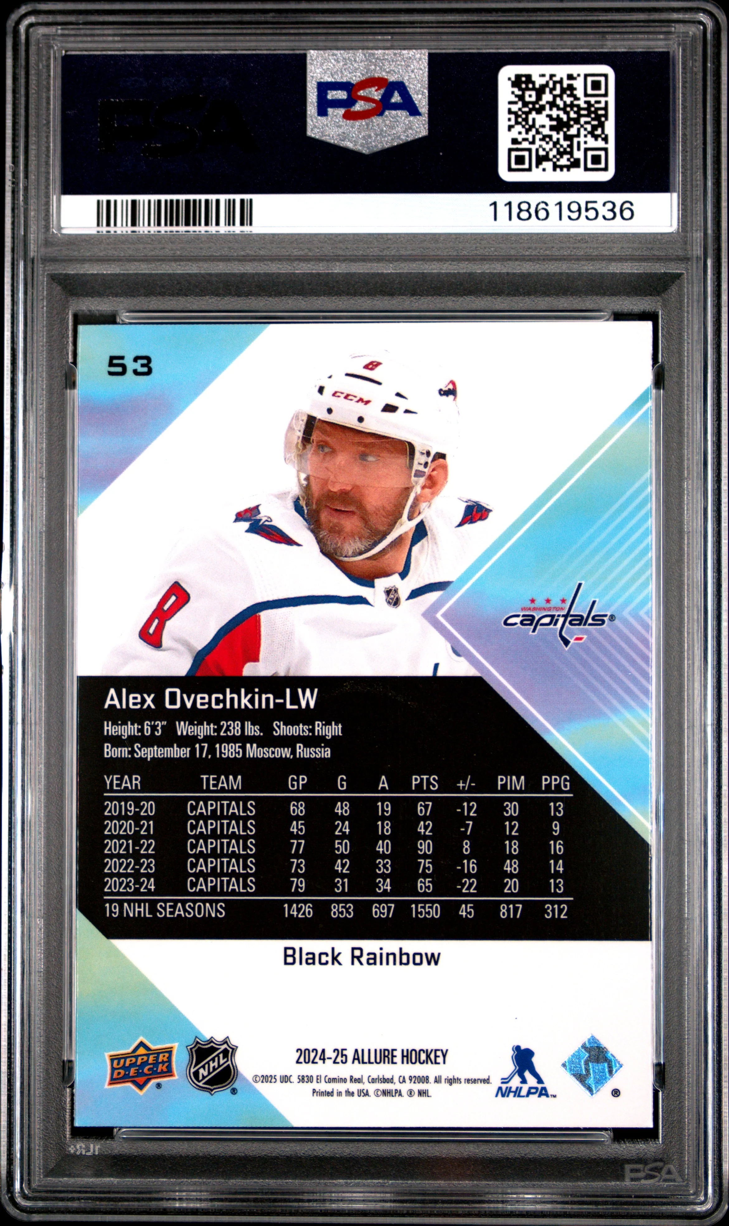 Alex Ovechkin 2024 Upper Deck Allure Black Rainbow #53 Graded PSA 10 Cert #118619536 - Image 2