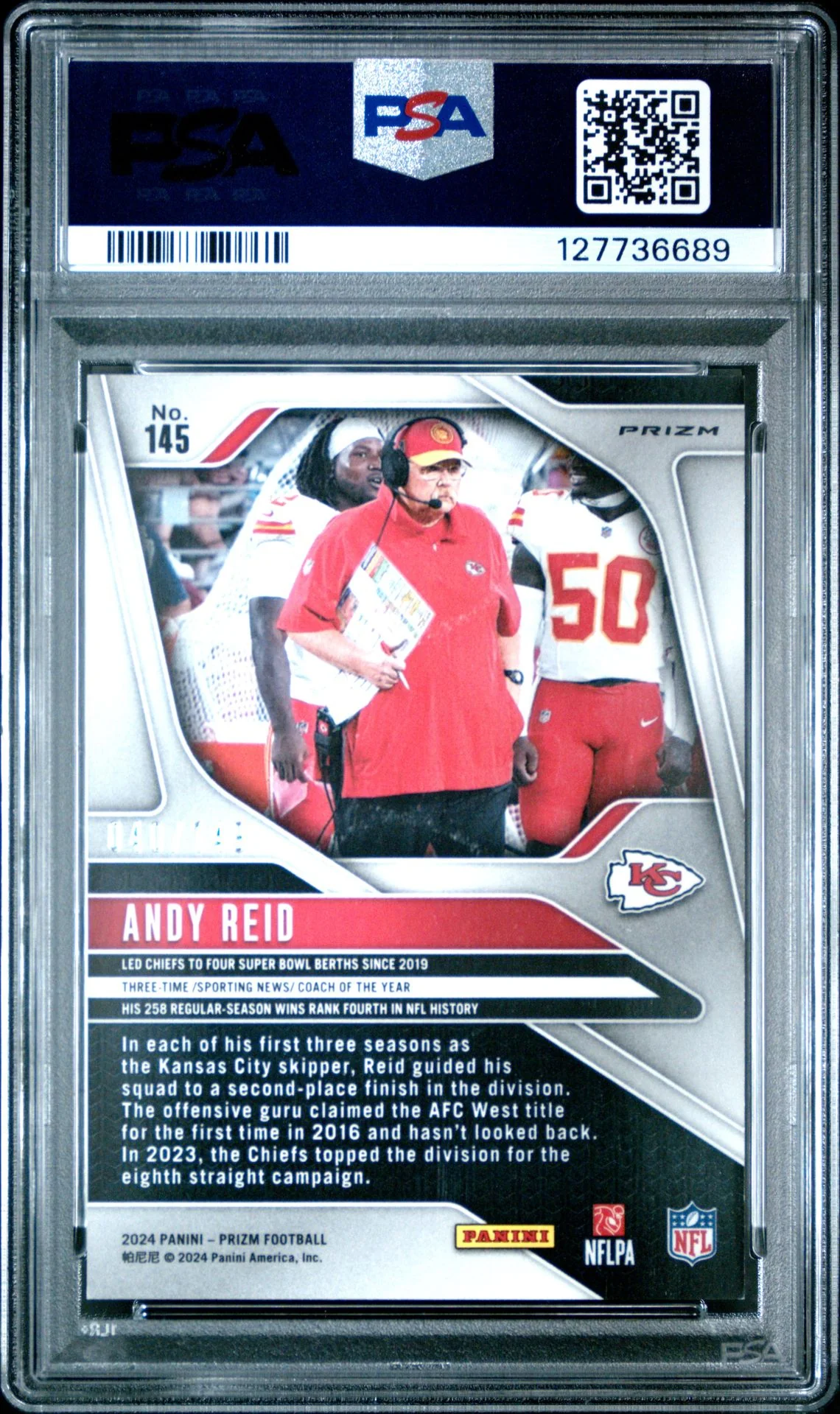 Andy Reid 2024 Prizm Red Wave Football Card #145 Graded PSA 9 Cert #1277736689 - Image 2