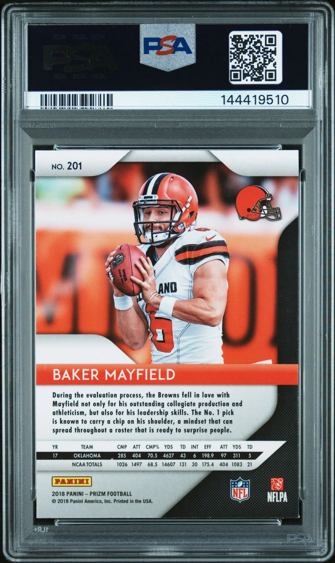 Baker Mayfield 2018 Panini Prizm Cleveland Browns Signed Football RC Rookie Card #201 Graded PSA 8 Auto 10 Cert #144419510 - Image 2