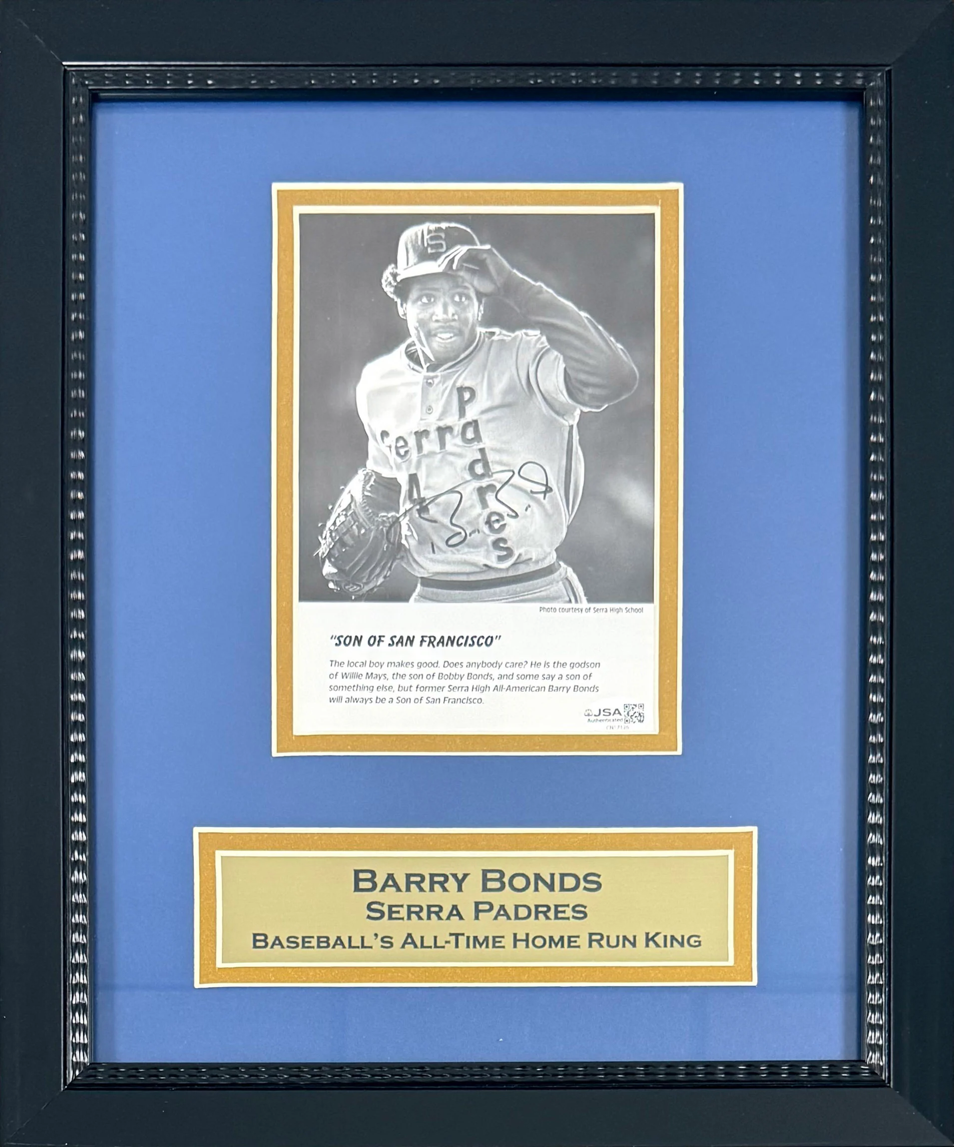 Barry Bonds Serra Padres Autographed 5x7 Photo Framed JSA