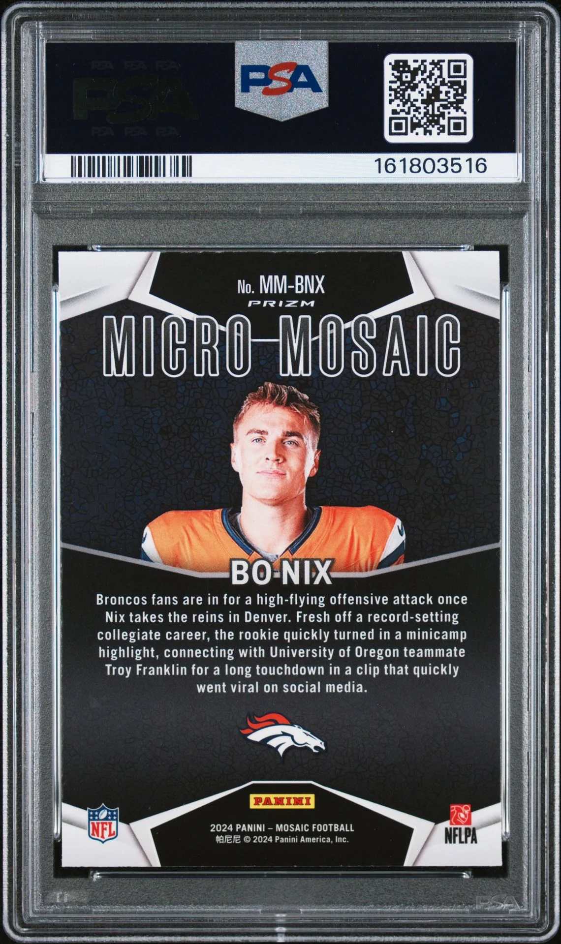 Bo Nix 2024 Mosaic Micro RC Rookie Card #MMBNX PSA 9 Auto 9 - Image 2