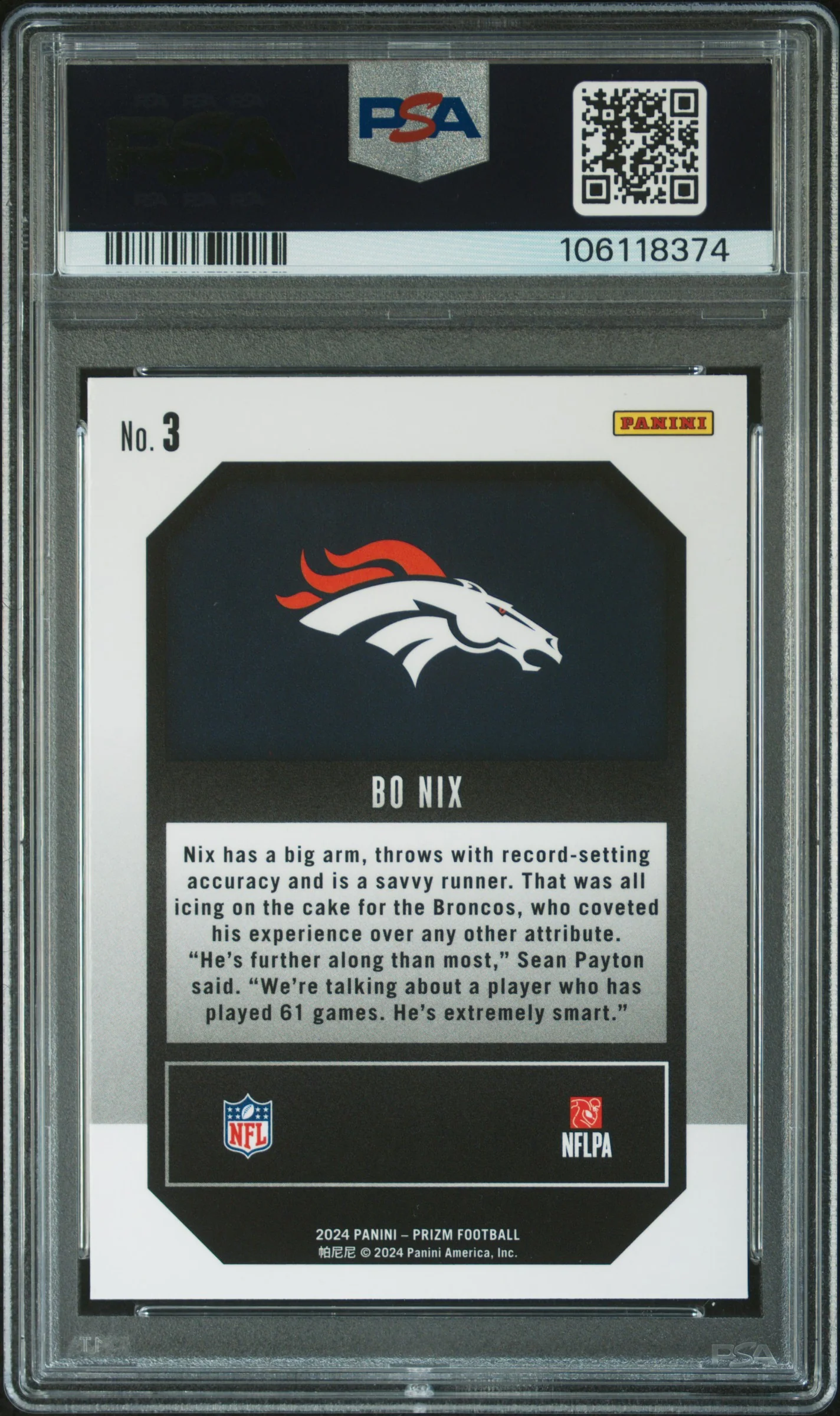 Bo Nix 2024 Panini Prizm Emergent Football Rookie Card #3 Graded PSA 10 Cert #106118374 - Image 2