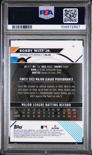 Bobby Witt Jr. 2023 Topps Finest Blue Kansas City Royals Baseball Card #12 63/150 Graded PSA 10 Cert #104972887 - Image 2