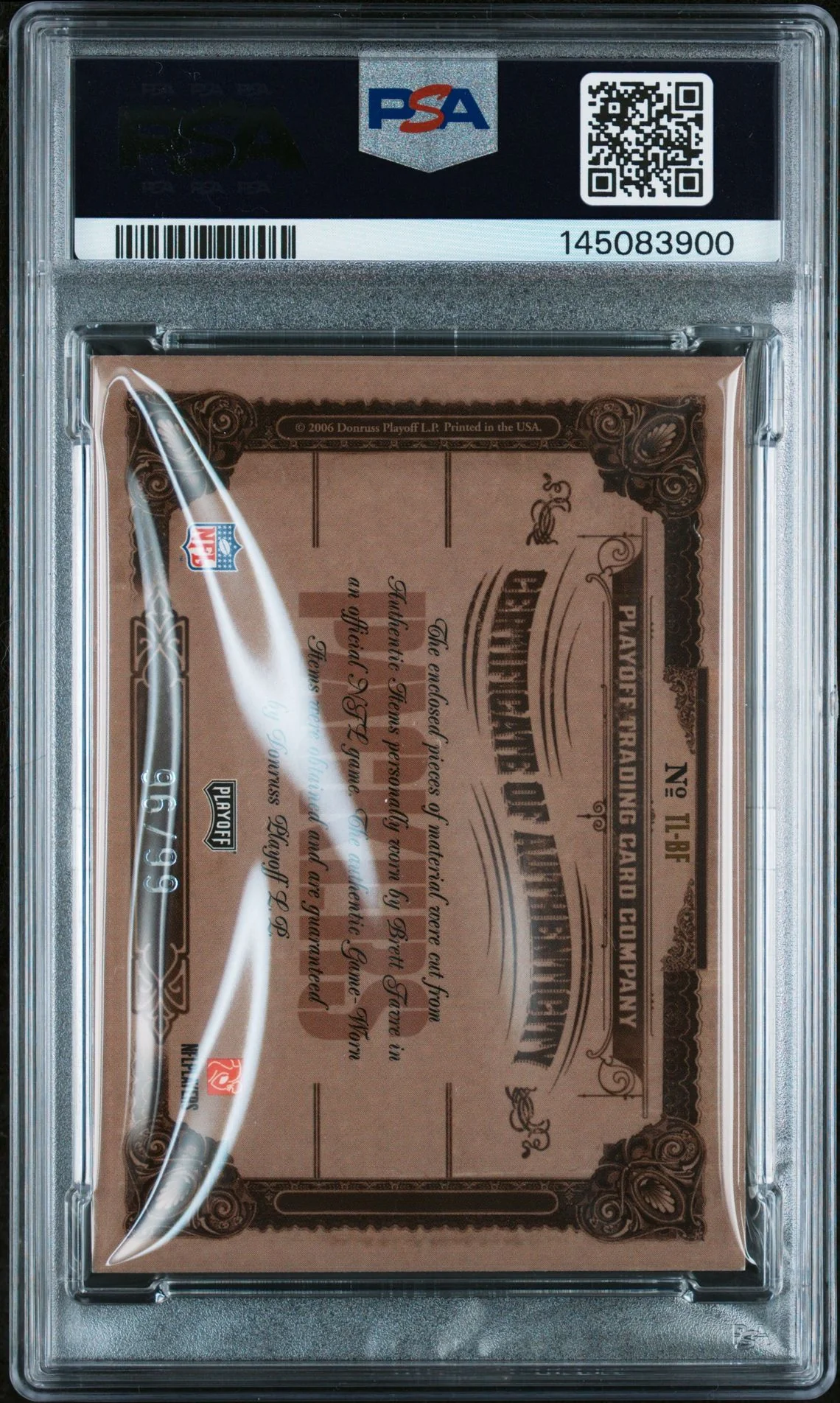 Brett Favre 2006 Playoff National Treasures Green Bay Packers Signed Football Card #TL-BF Timeline Material Game Used Patch Authentic Auto 10 Graded PSA 5 Cert #145083900 96/99 - Image 2