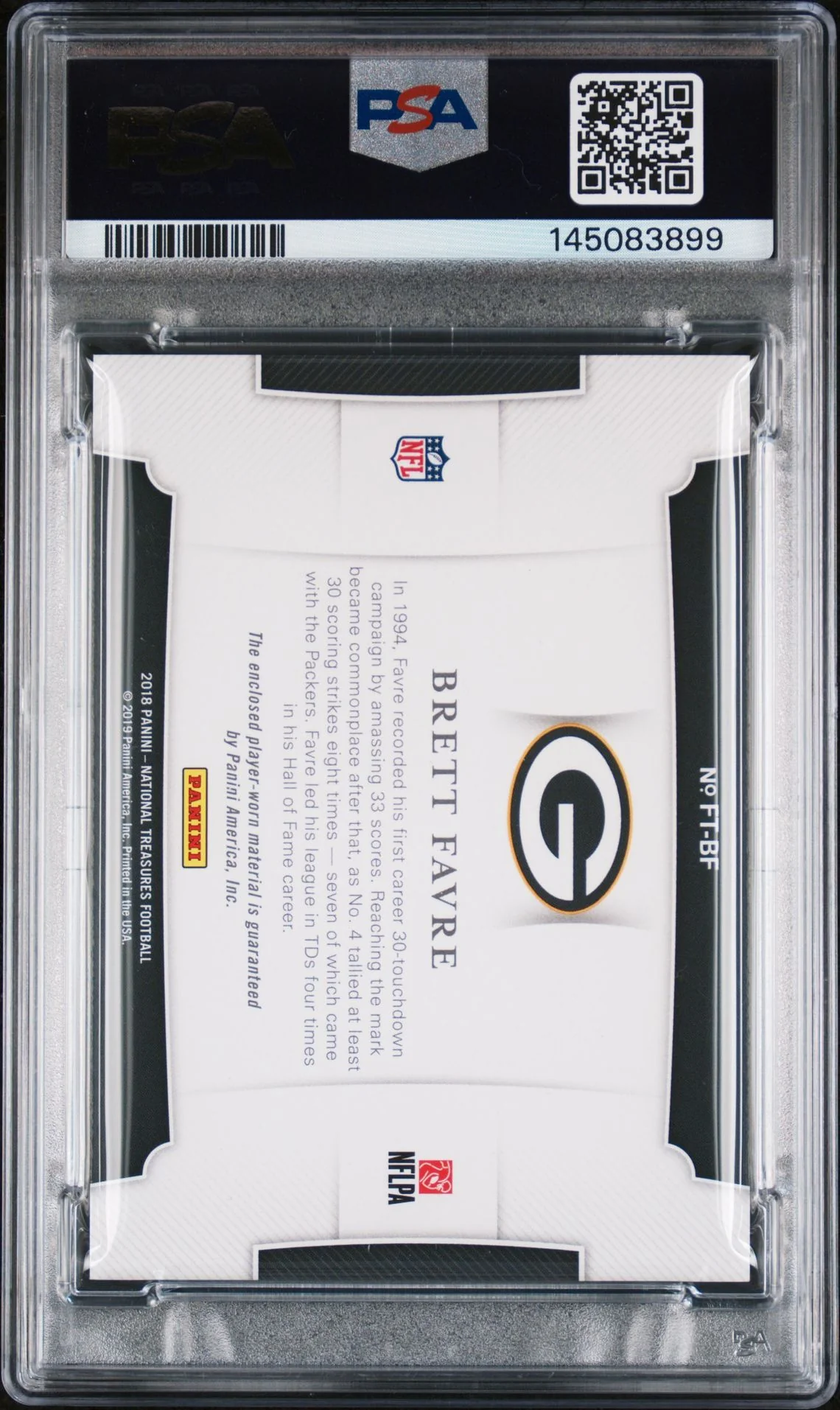 Brett Favre 2018 Panini National Treasures Green Bay Packers Signed Football Card #FT-BF Franchise Treasures Patch Worn Authentic Auto 10 Graded PSA 8 Cert #145083899 76/99 - Image 2