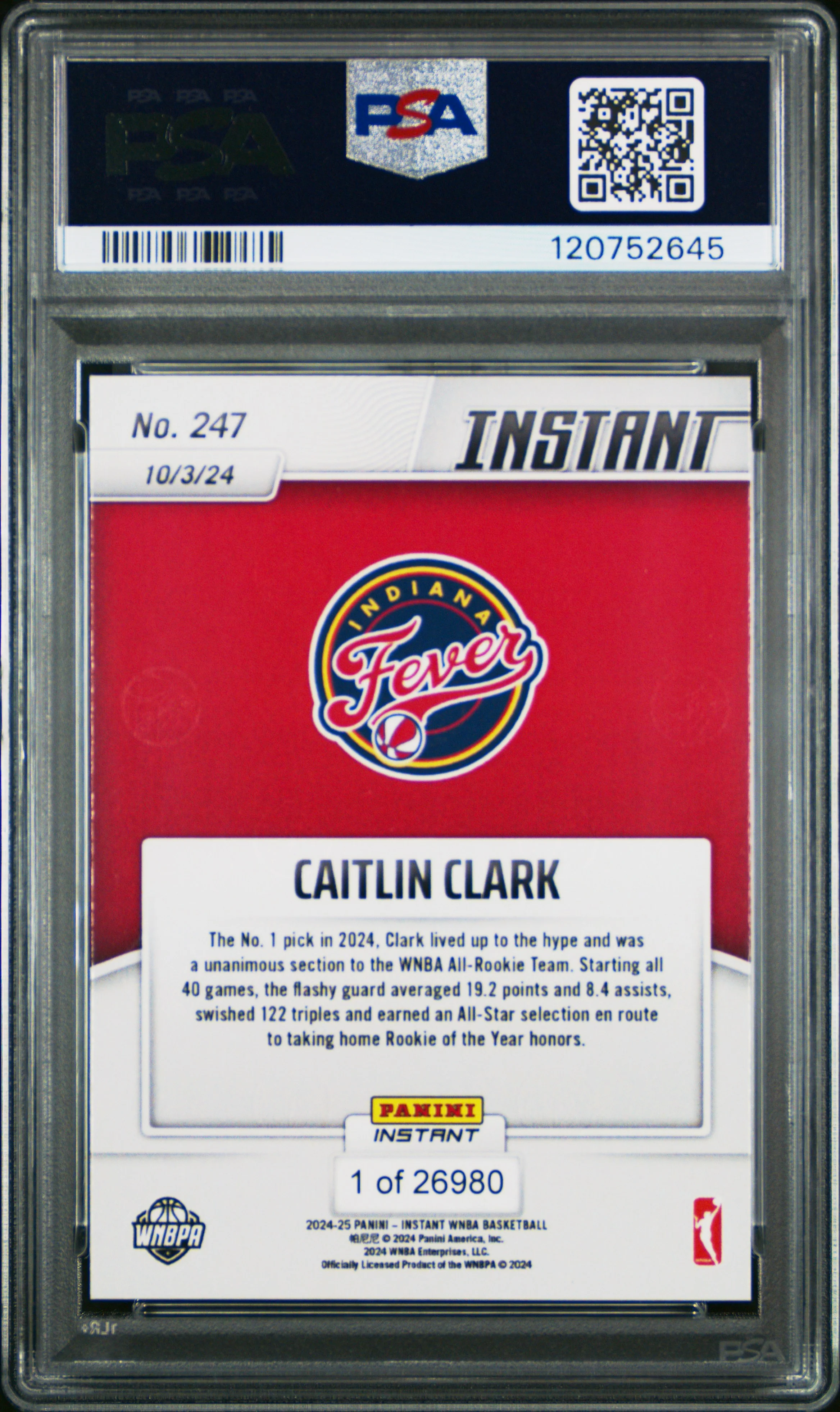 Caitlin Clark 2024 Panini Instant WNBA Indiana Fever Basketball Rookie Card RC #247 Graded PSA 10 Cert #120752645 - Image 2