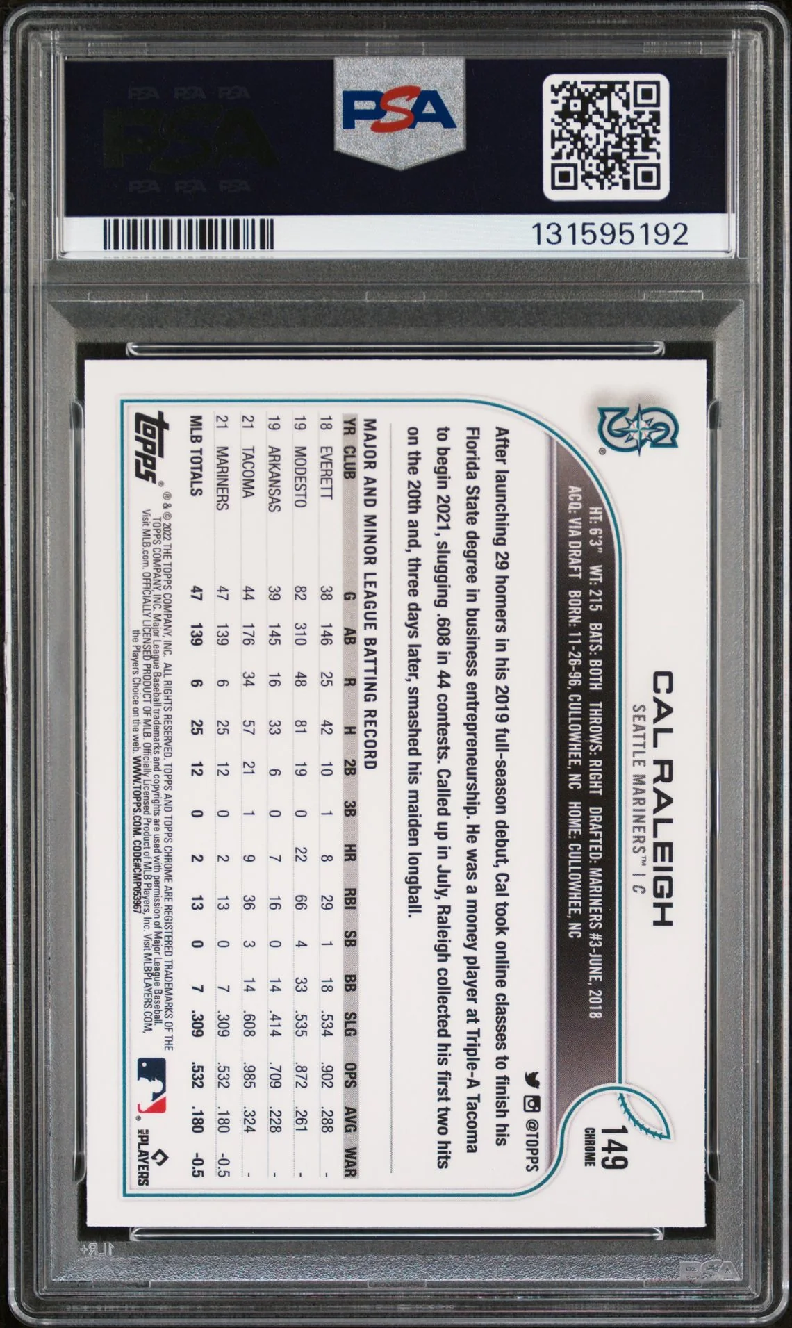 Cal Raleigh 2022 Topps Chrome Rookie Baseball Rookie Card #149 Graded PSA 10 Cert #131595192 - Image 2