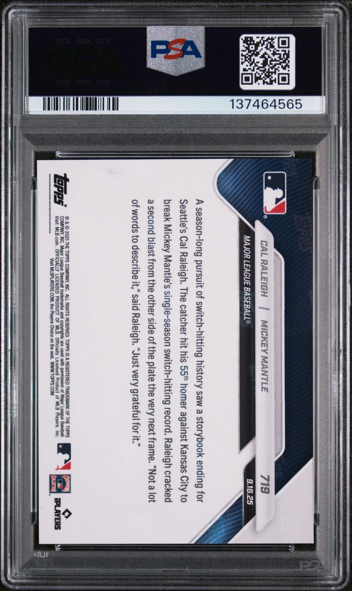 Cal Raleigh Mickey Mantle 2025 Topps Now Baseball Card #719 Graded PSA 10 Cert #137464565 - Image 2