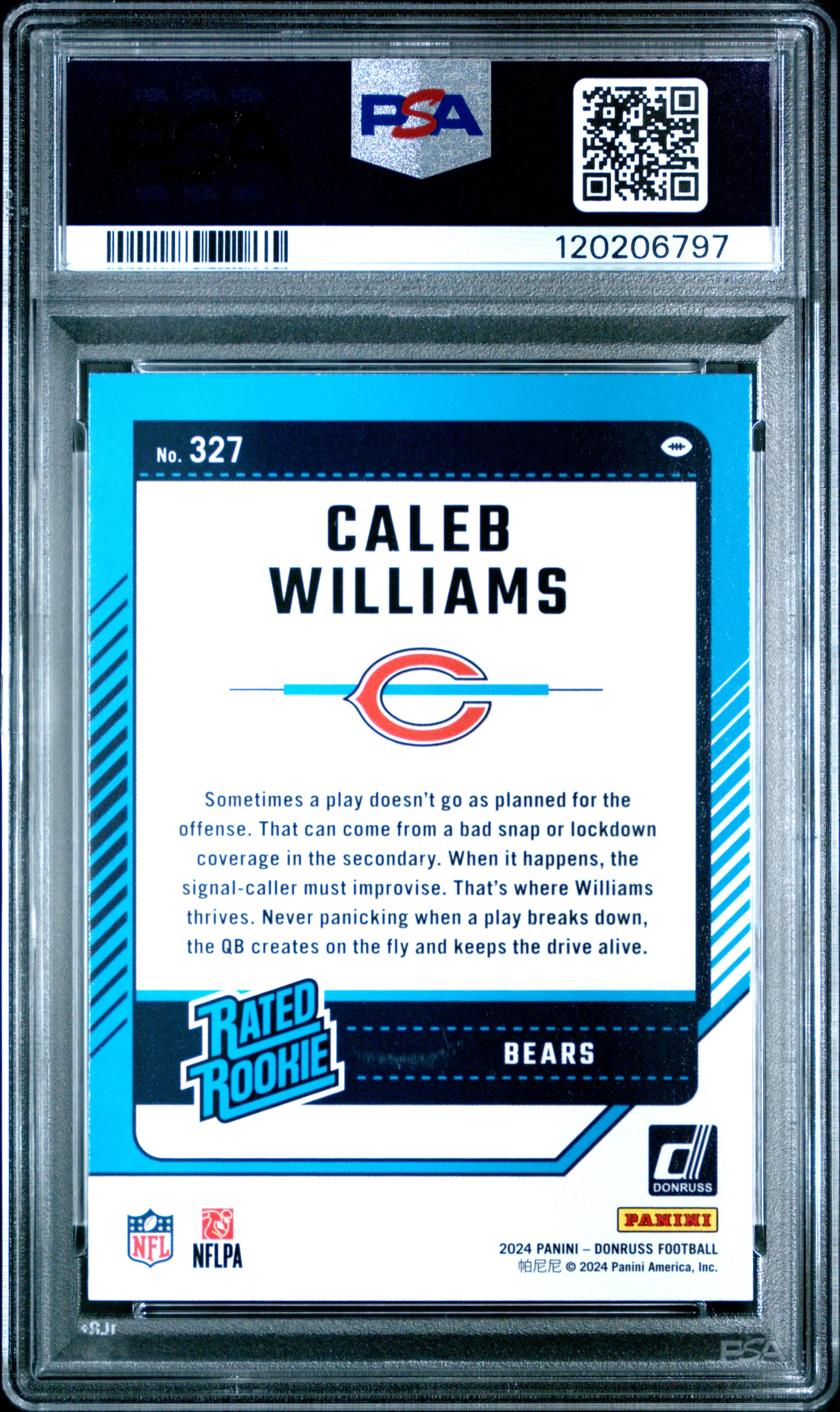 Caleb Williams 2024 Panini Donruss Football Rookie Card #327 Graded PSA 10 Cert # 120206797 - Image 2
