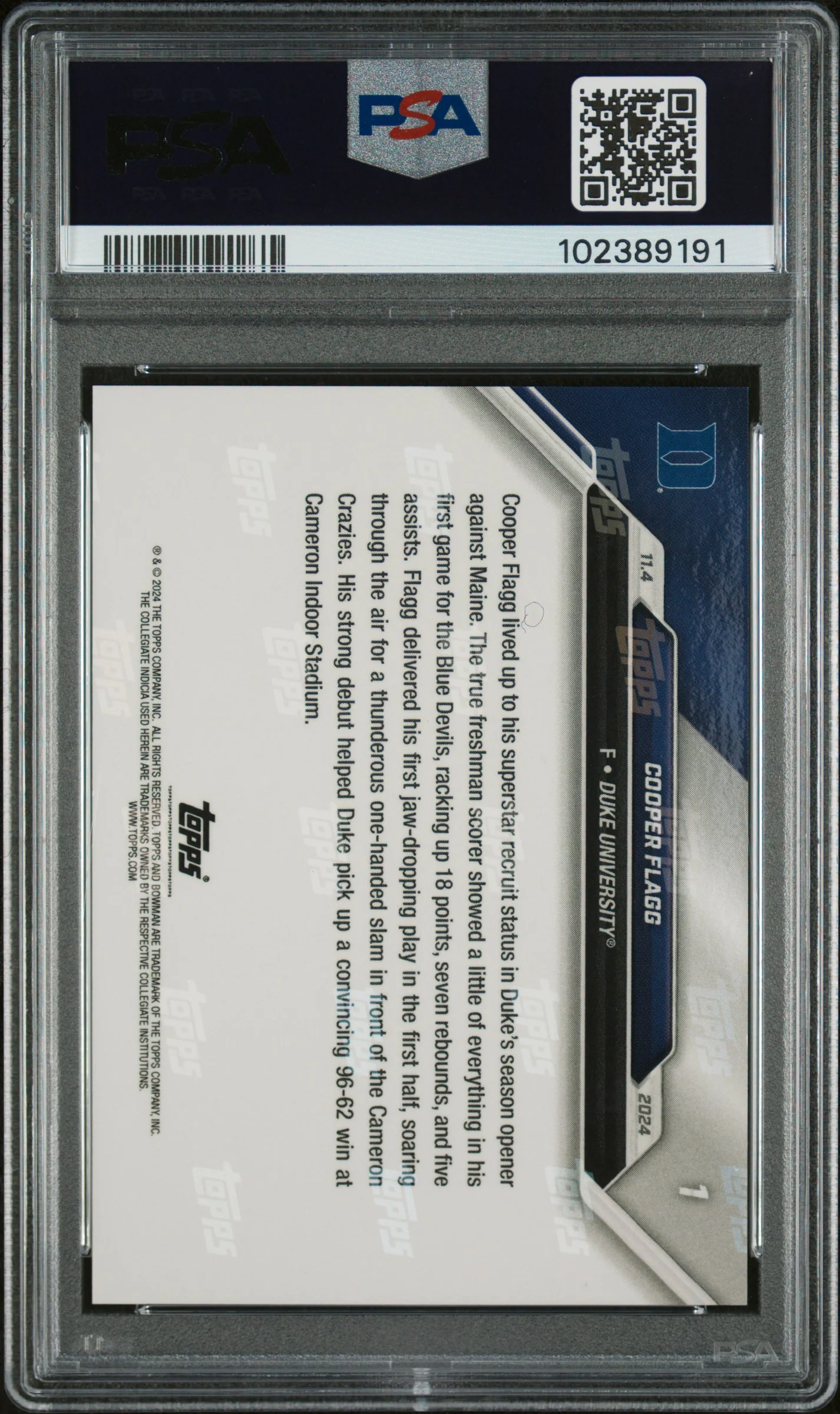 Cooper Flagg 2024 Bowman U Duke Debut Basketball Rookie Card #1 Graded PSA 9 - Image 2