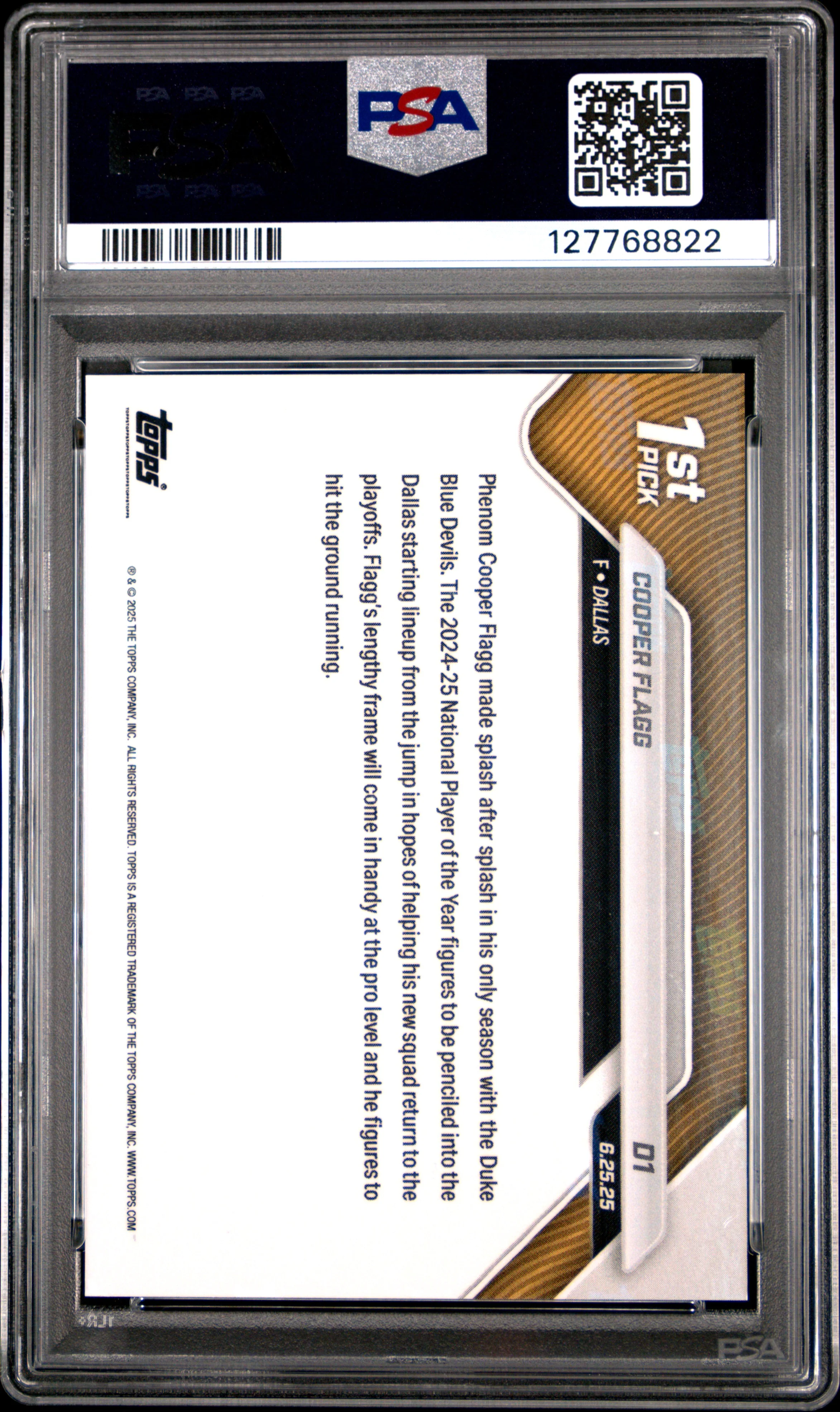Cooper Flagg 2025 Topps Now Dallas Mavericks Basketball Rookie Card #D1 Graded PSA 9 Cert #127768822 - Image 2