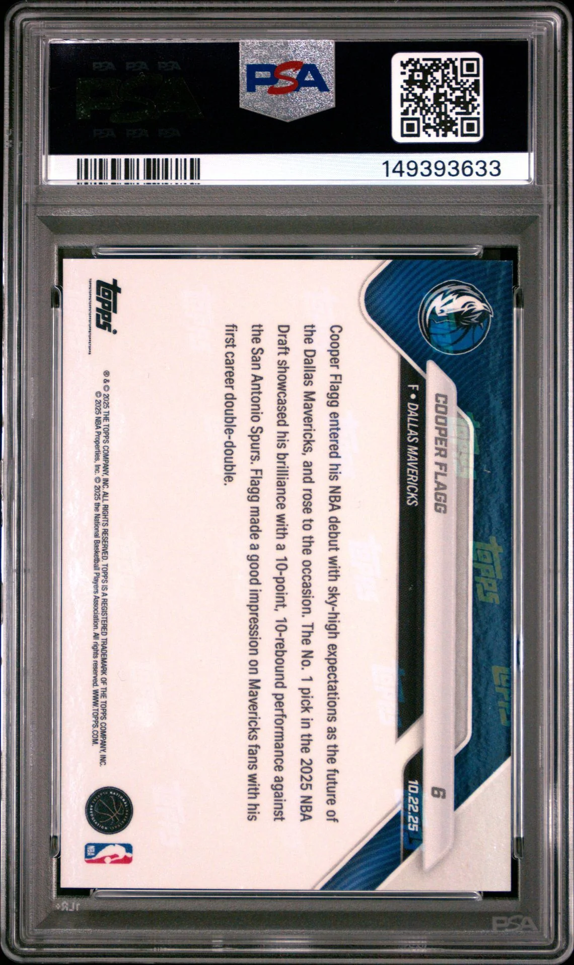 Cooper Flagg 2025 Topps Now Dallas Mavericks NBA Debut Basketball RC Rookie Card #6 Graded PSA 10 Cert #149393633 - Image 2