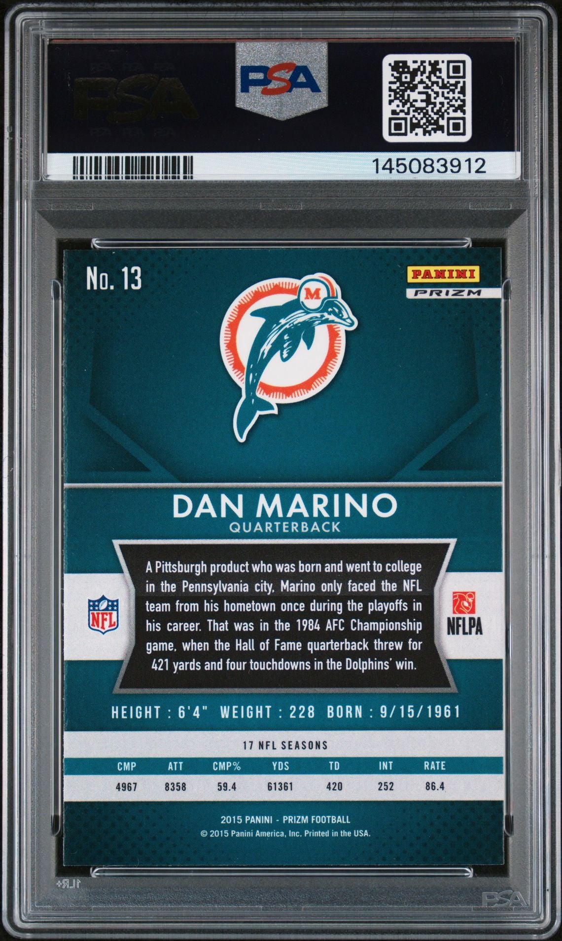 Dan Marino 2015 Panini Prizm Green Miami Dolphins Signed Football Card #13 Auto 9 Graded PSA 9 Cert #145083912 - Image 2