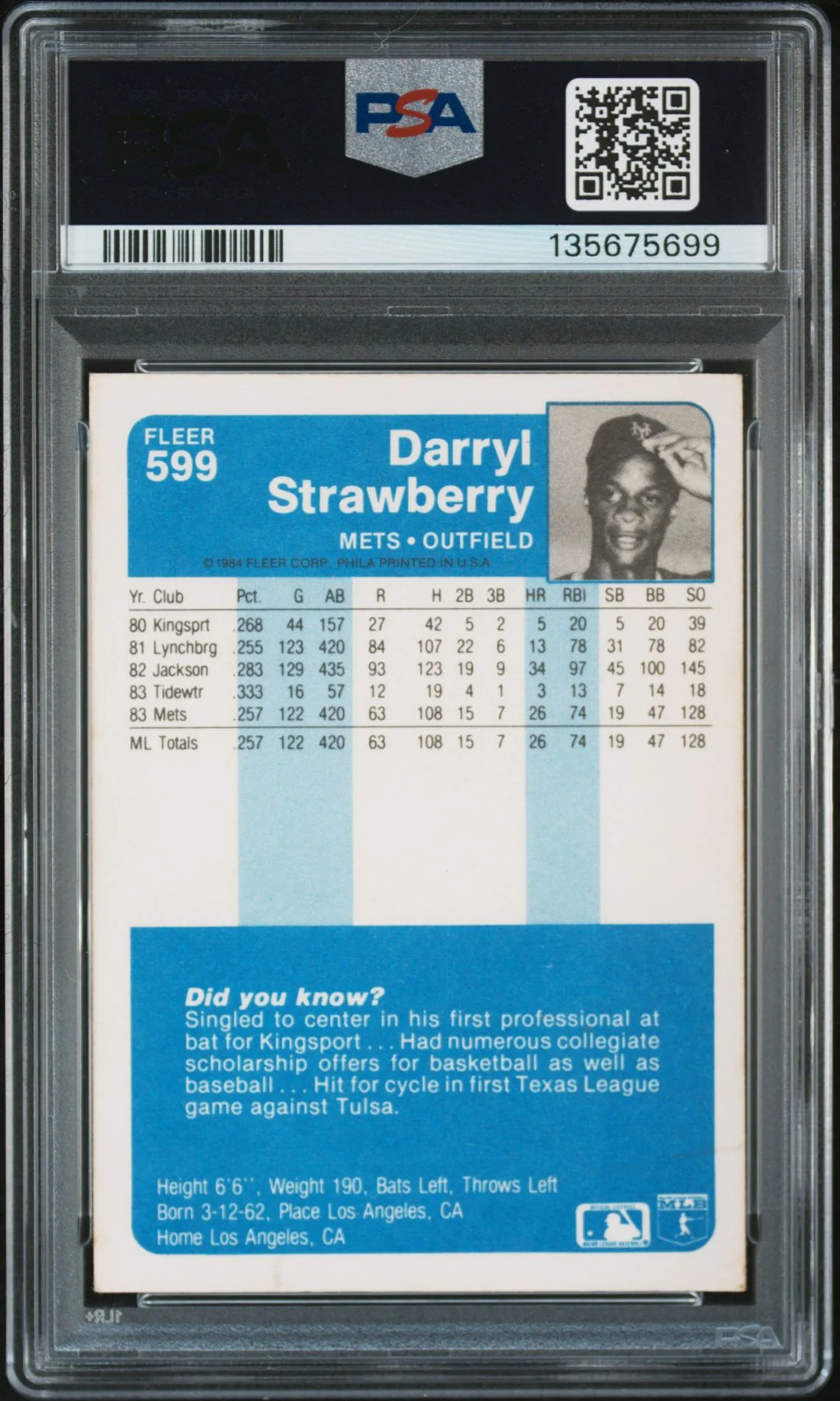 Darryl Strawberry 1984 Fleer Signed Baseball Rookie Card #599 Graded PSA 4 Auto 10 Cert #135675699 - Image 2