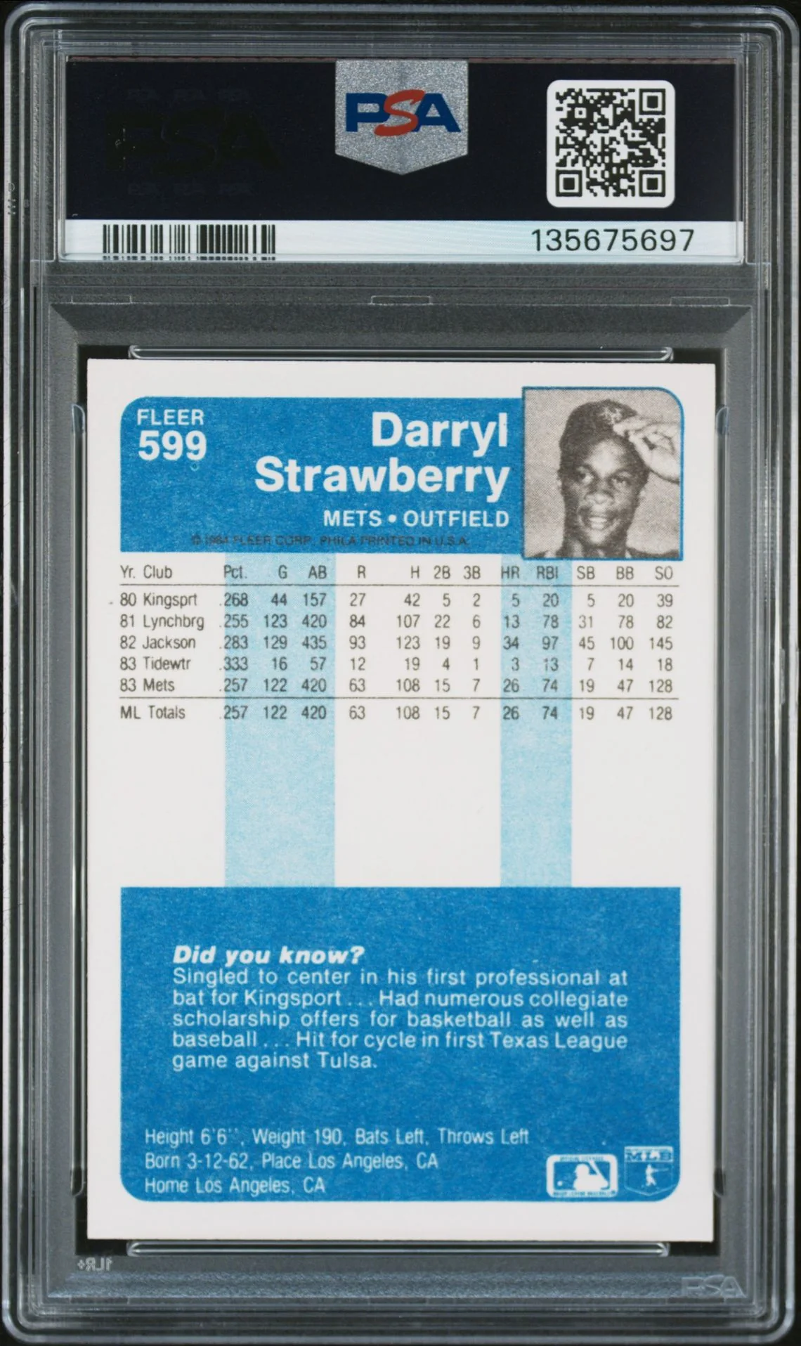 Darryl Strawberry 1984 Fleer Signed Baseball Rookie Card #599 Graded PSA 8 Auto 10 Cert #135675697 - Image 2