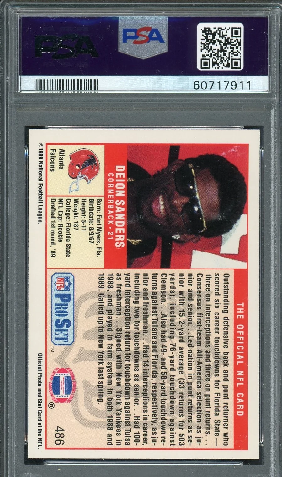 Deion Sanders 1989 Pro Set Football Rookie Card RC #486 Graded PSA 8 - Image 2