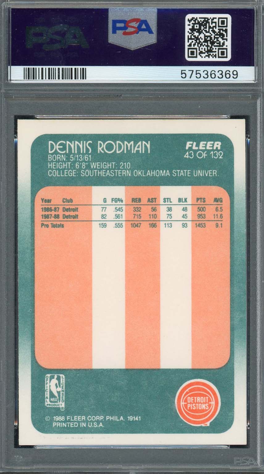 Dennis Rodman 1988 Fleer Basketball Rookie Card RC #43 Graded PSA 7 - Image 2
