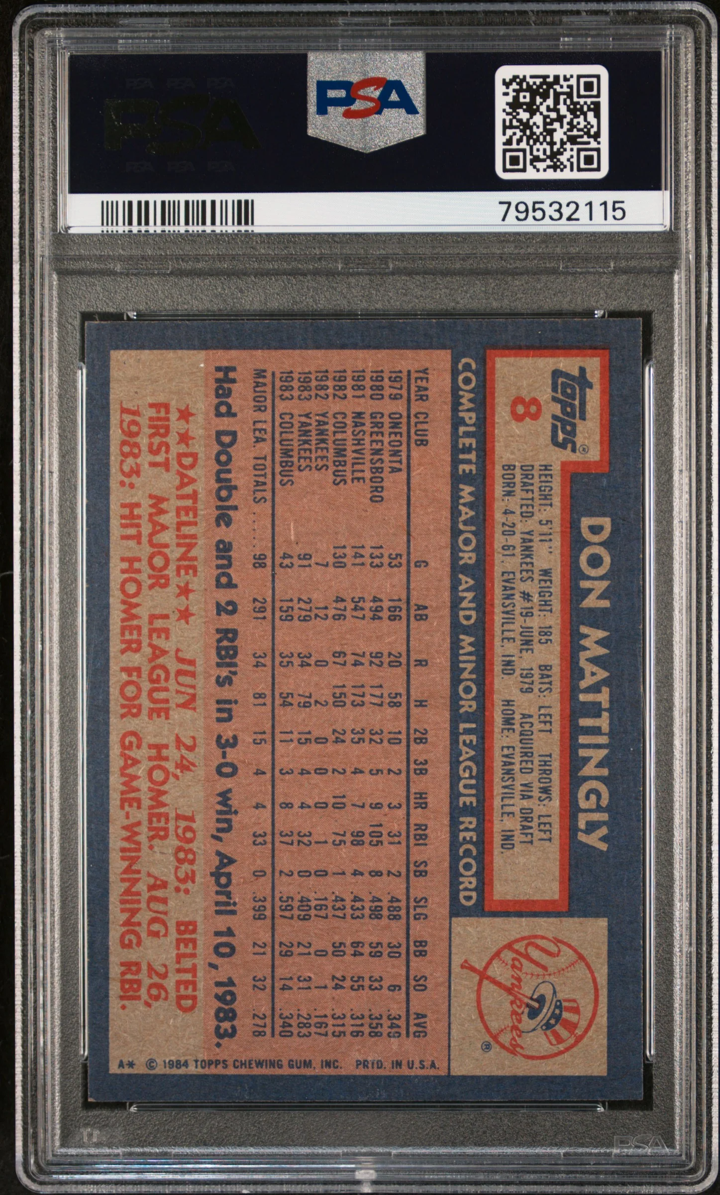 Don Mattingly 1984 Topps Baseball Rookie Card #8 Graded PSA 5 - Image 2