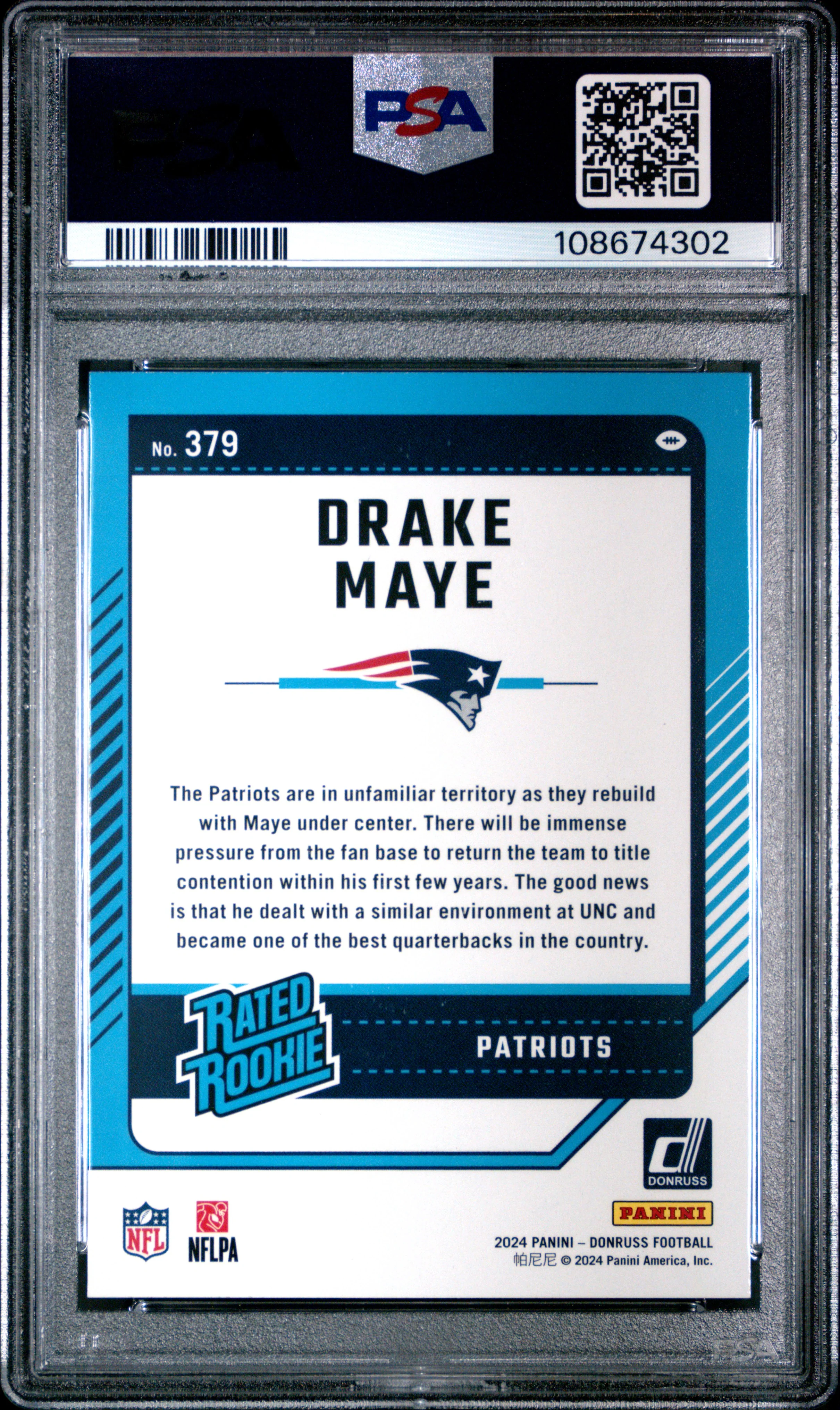 Drake Maye 2024 Donruss Rated Rookie Football Card #379 Graded PSA 10 Cert #108674302 - Image 2