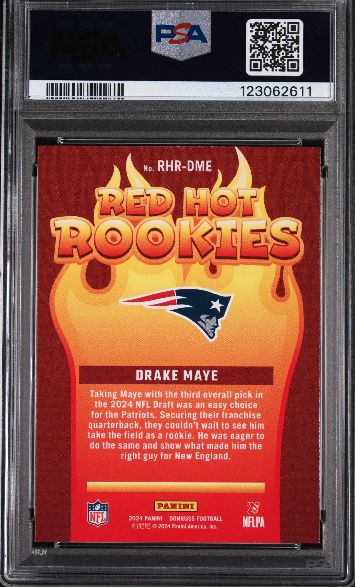 Drake Maye 2024 Donruss Red Hot Rookies Football Rookie Card #RHRDME Graded PSA 8 Cert #123062611 - Image 2