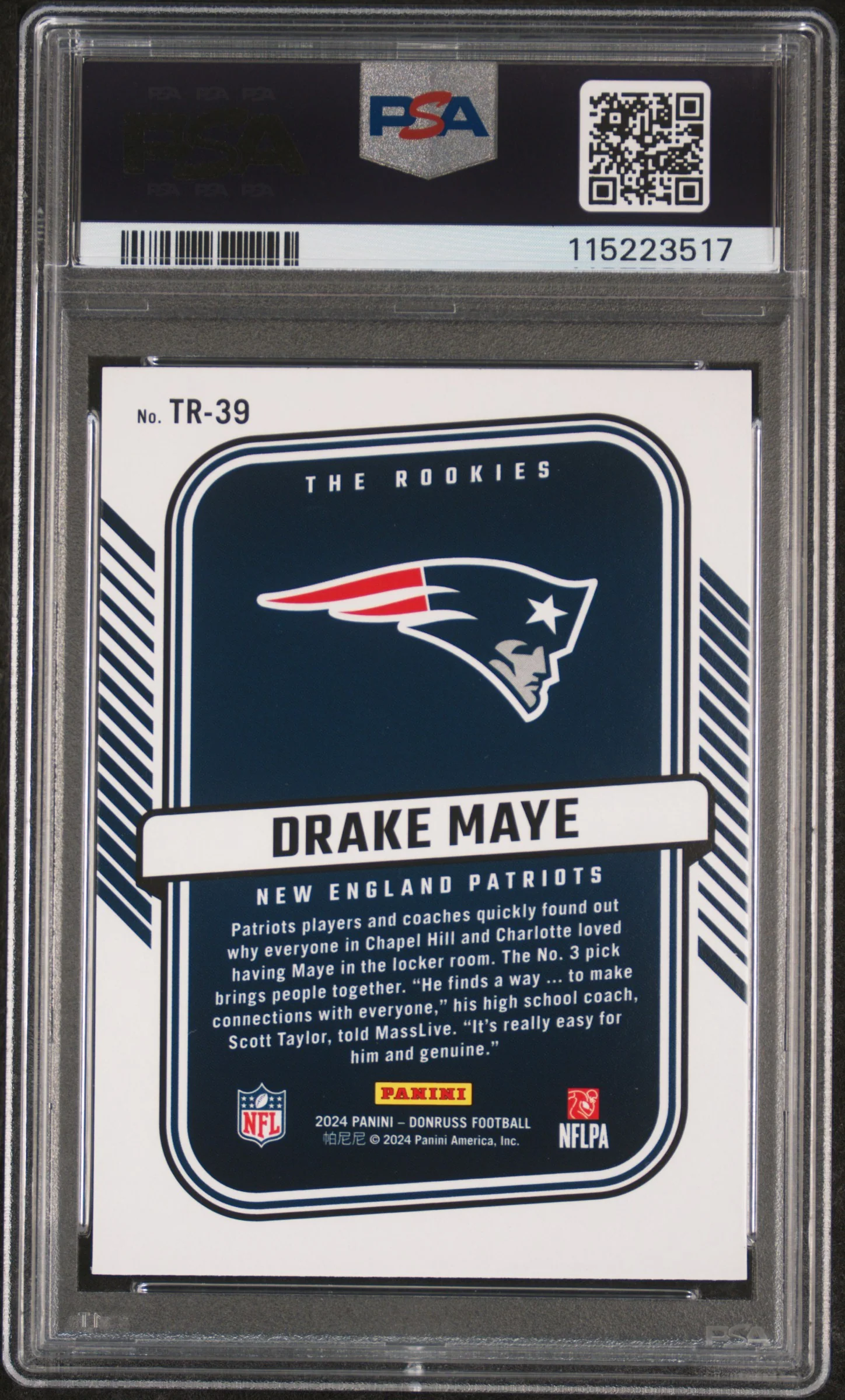 Drake Maye 2024 Donruss The Rookies Football Rookie Card #TR39 Graded PSA 8 Cert #115223517 - Image 2