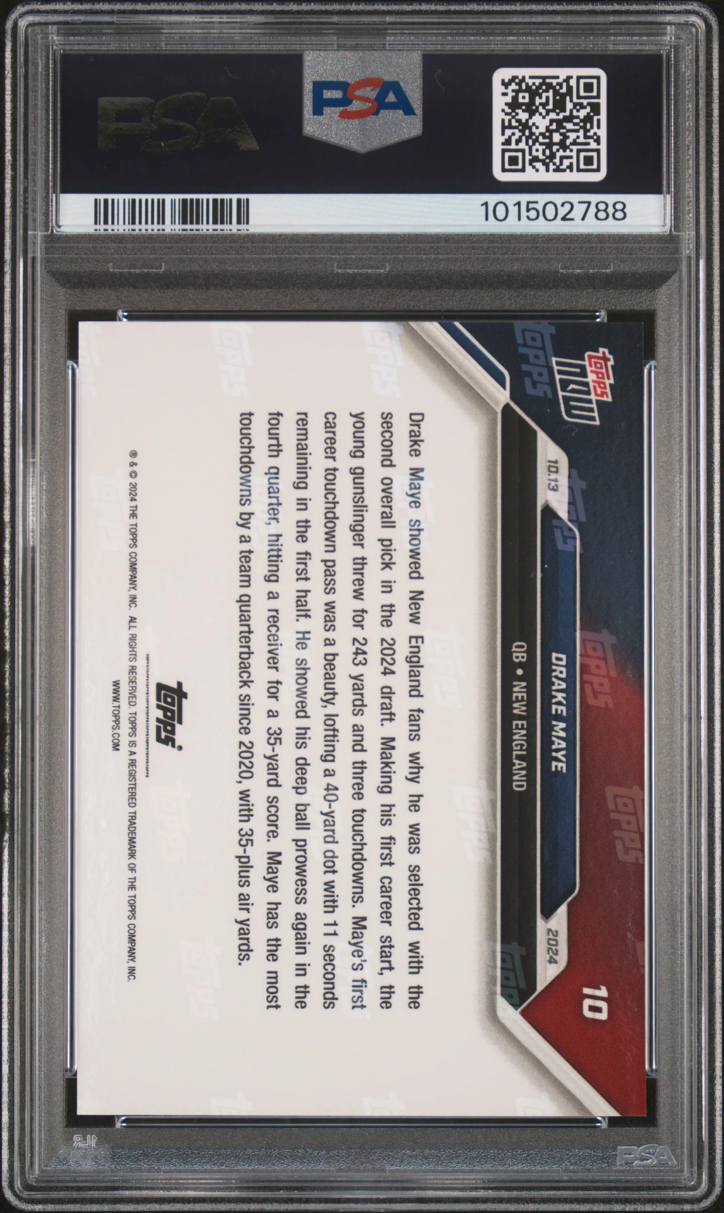 Drake Maye 2024 Topps Now Football Rookie Card 1st Career Start #10 Graded PSA 10 Cert #101502788 - Image 2