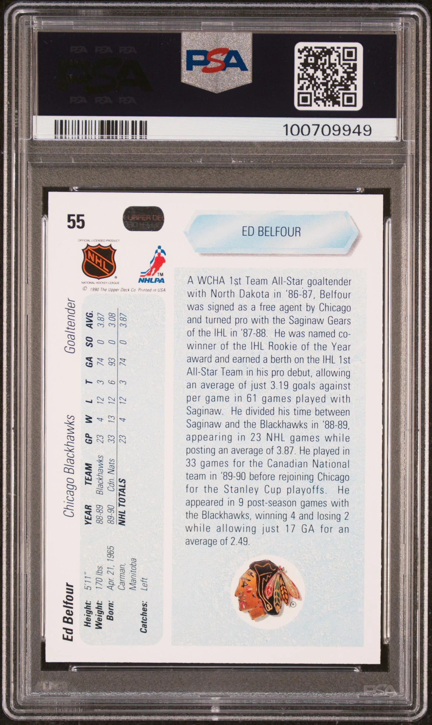 Ed Belfour 1990 Upper Deck Chicago Blackhawks Hockey Rookie Card RC #55 Graded PSA 10 Cert #100709949 - Image 2