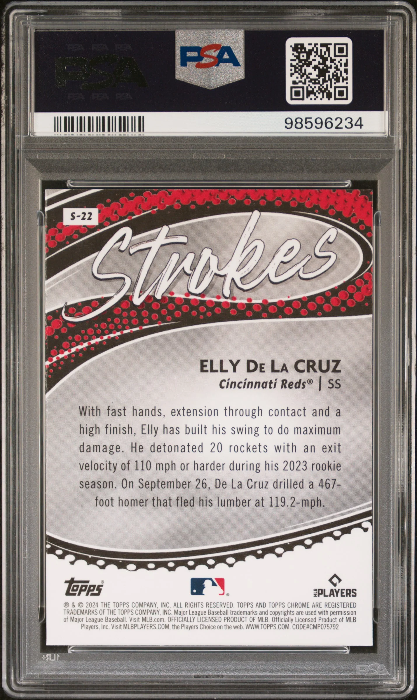 Elly De La Cruz 2024 Topps Chrome Strokes Cincinnati Reds Baseball RC Rookie Card #S22 Graded PSA 10 Cert #98596234 - Image 2