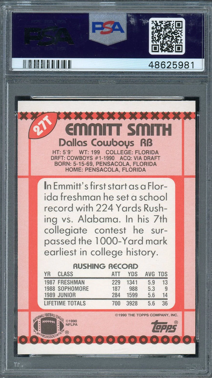 Emmitt Smith 1990 Topps Traded Football Rookie Card RC #27T Graded PSA 8 - Image 2