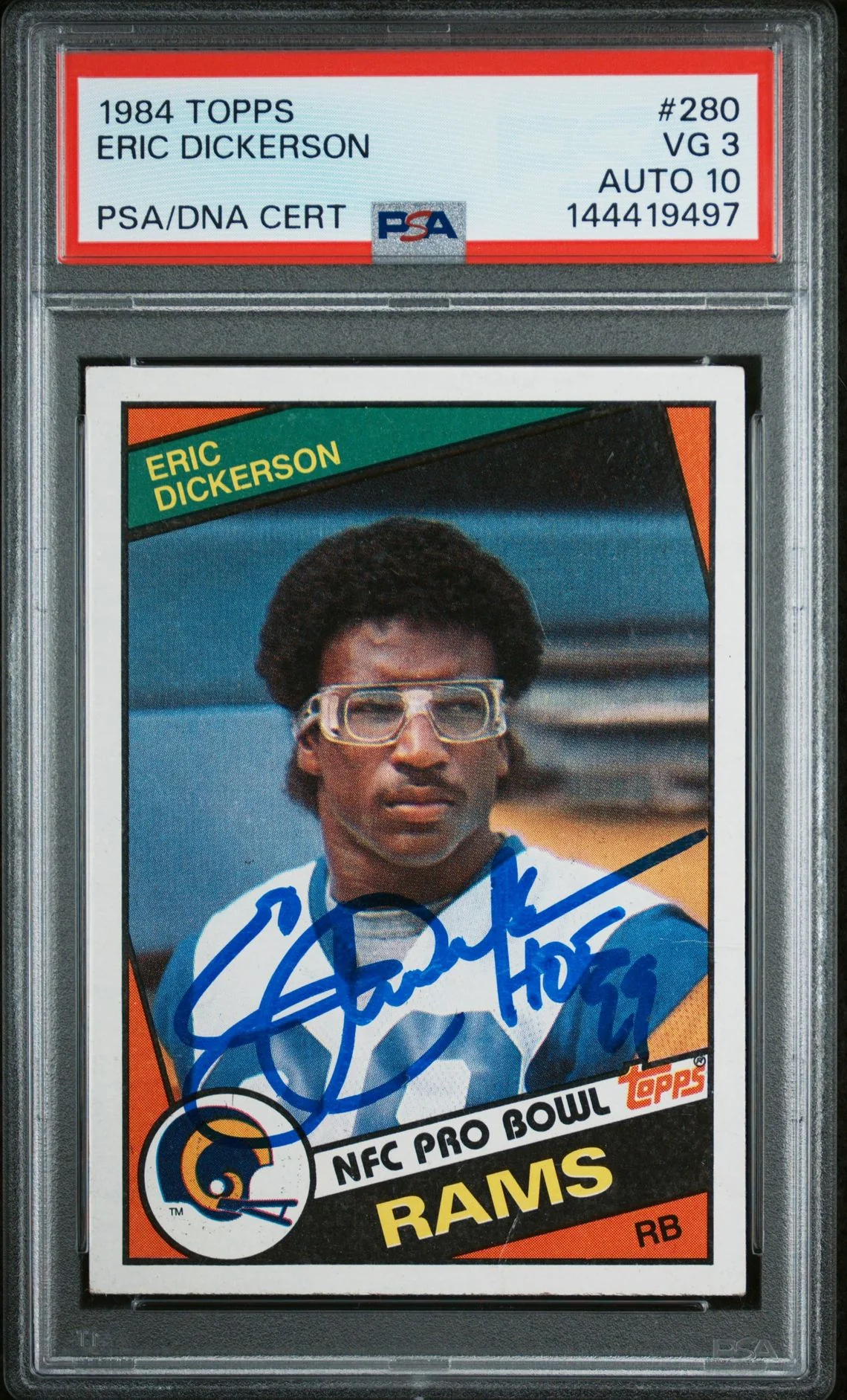 Eric Dickerson 1984 Topps Los Angeles Rams Signed Football RC Rookie Card #280 Graded PSA 3 Auto 10 Cert #144419497
