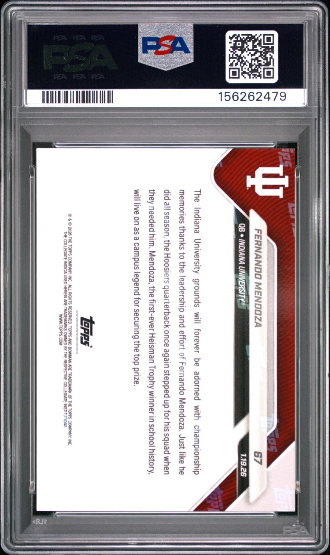 Fernando Mendoza 2025 Bowman U Now Indiana Hoosiers 1st National Championship Football RC Rookie Card #67 Graded PSA 9 Cert #156262479 - Image 2