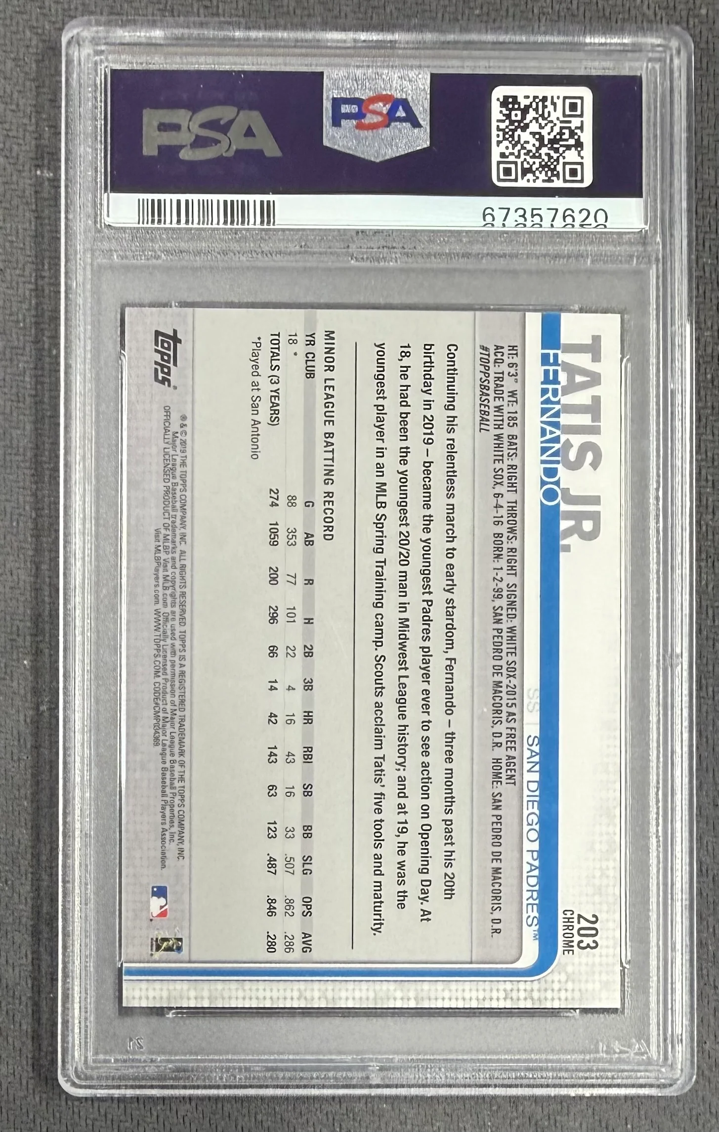 Fernando Tatis Jr. 2019 Topps Chrome San Diego Padres Baseball Rookie Card RC #203 Graded PSA 10 Cert #67357620 - Image 2