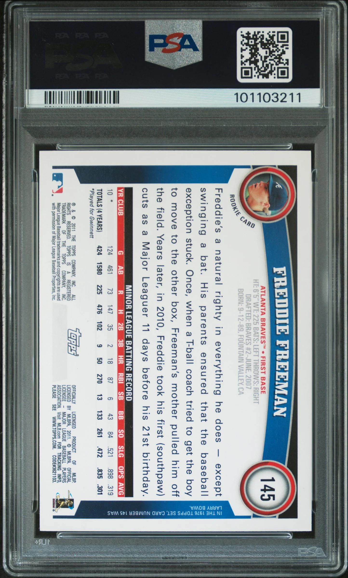 Freddie Freeman 2011 Topps Baseball Rookie Card #145 Graded PSA 8 - Image 2
