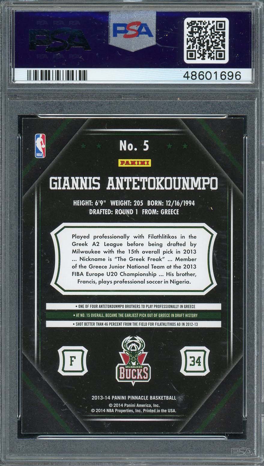 Giannis Antetokounmpo 2013 Panini Pinacle Rookie Card RC #5 Graded PSA 9 - Image 2