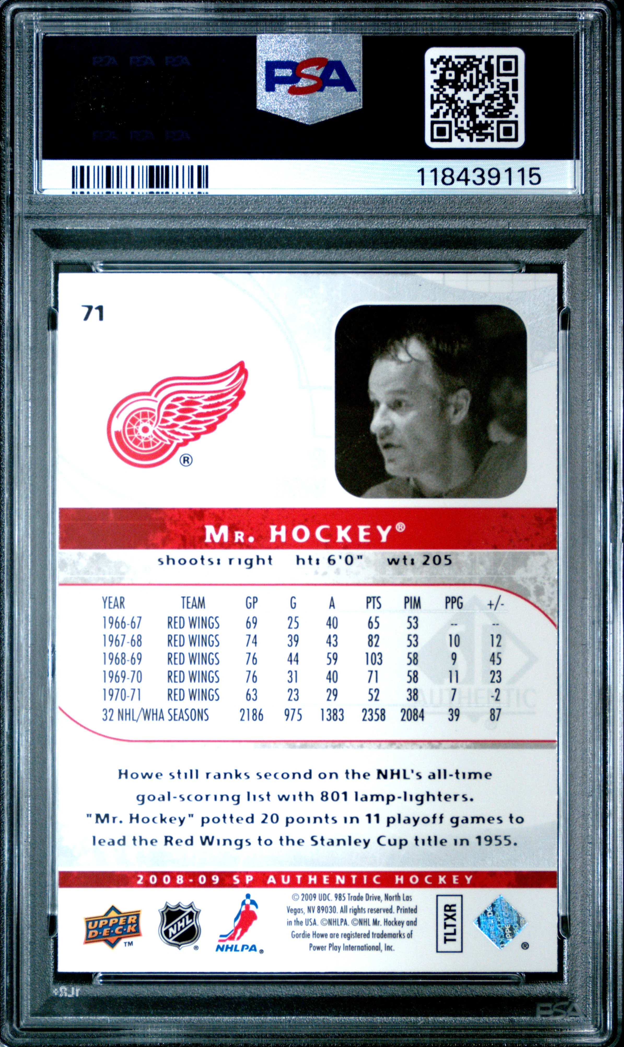 Gordie Howe 2008 SP Authentic Mr Hockey Card #71 Graded PSA 10 Cert #118439115 - Image 2