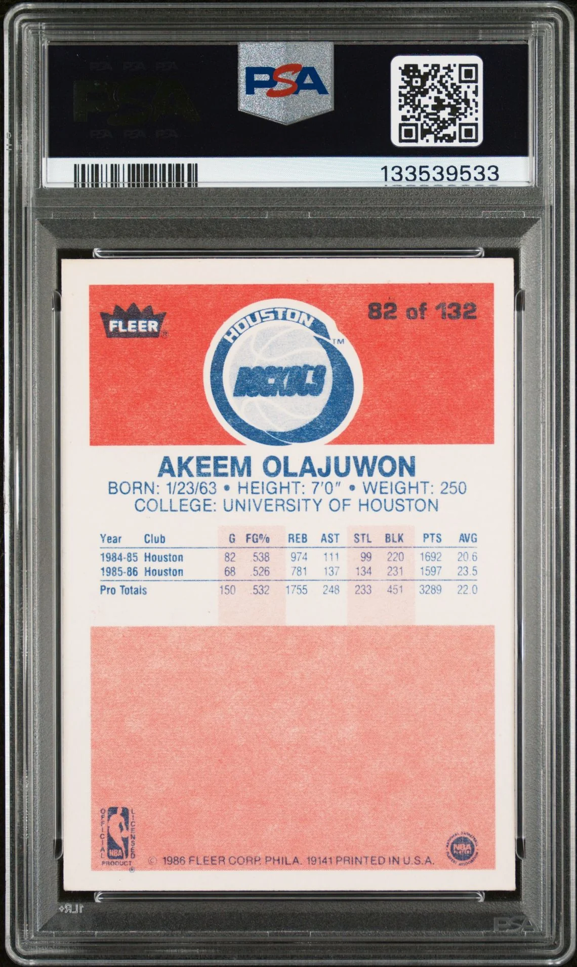 Hakeem Olajuwon 1986 Fleer Signed Basketball Rookie Card #82 Graded PSA 5 Auto 10 Cert #133539533 - Image 2