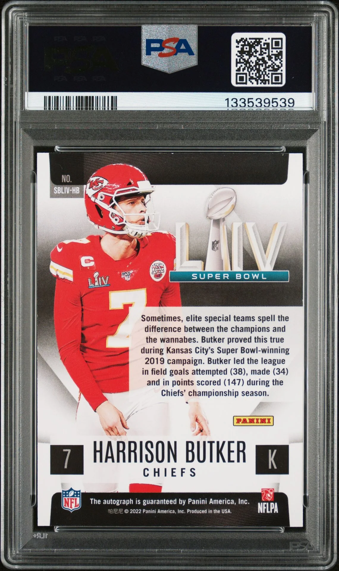 Harrison Butker 2022 Panini Select Super Bowl Signatures Signed Football Card #SBLIVHB Graded PSA 8 Auto 10 Cert #133539539 - Image 2