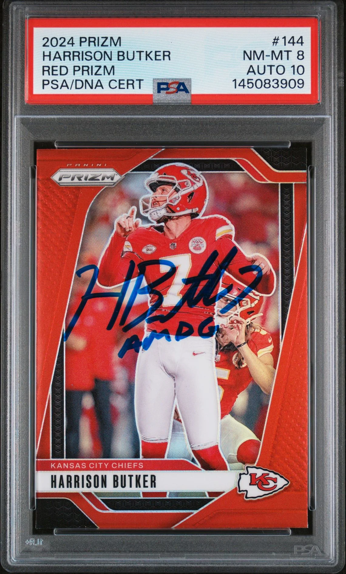 Harrison Butker 2024 Panini Prizm Red Kansas City Chiefs Signed Football Card #144 Auto 10 Graded PSA 8 Cert #145083909