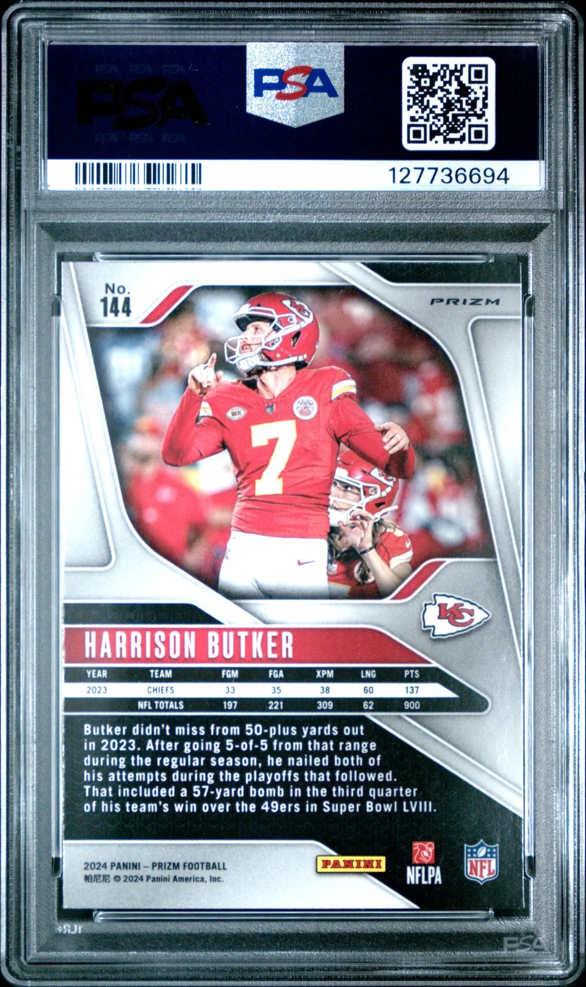 Harrison Butker 2024 Prizm Red Football Card #144 Graded PSA 10 Cert #1277736694 - Image 2