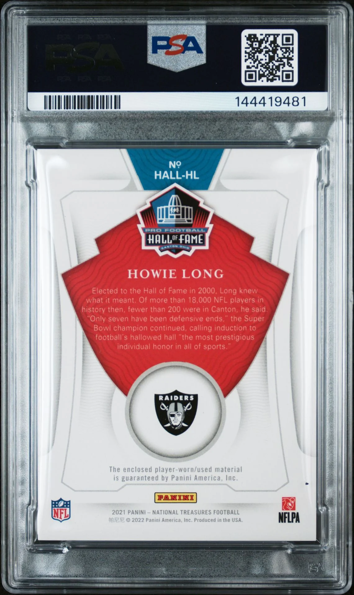 Howie Long 2021 National Treasures of the Hall Gold Oakland Raiders Signed Patch Football Jersey Used Card #HL Graded PSA 10 Auto 10 Serial 4/10 Cert #144419481 - Image 2