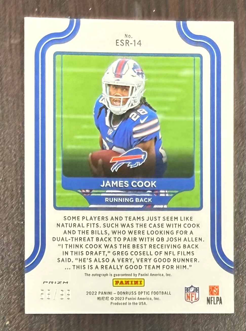 James Cook 2022 Donruss Optic Elite Series Rookies Buffalo Bills Signed Football RC Rookie Card #ESR-14 Auto 56/99 - Image 2