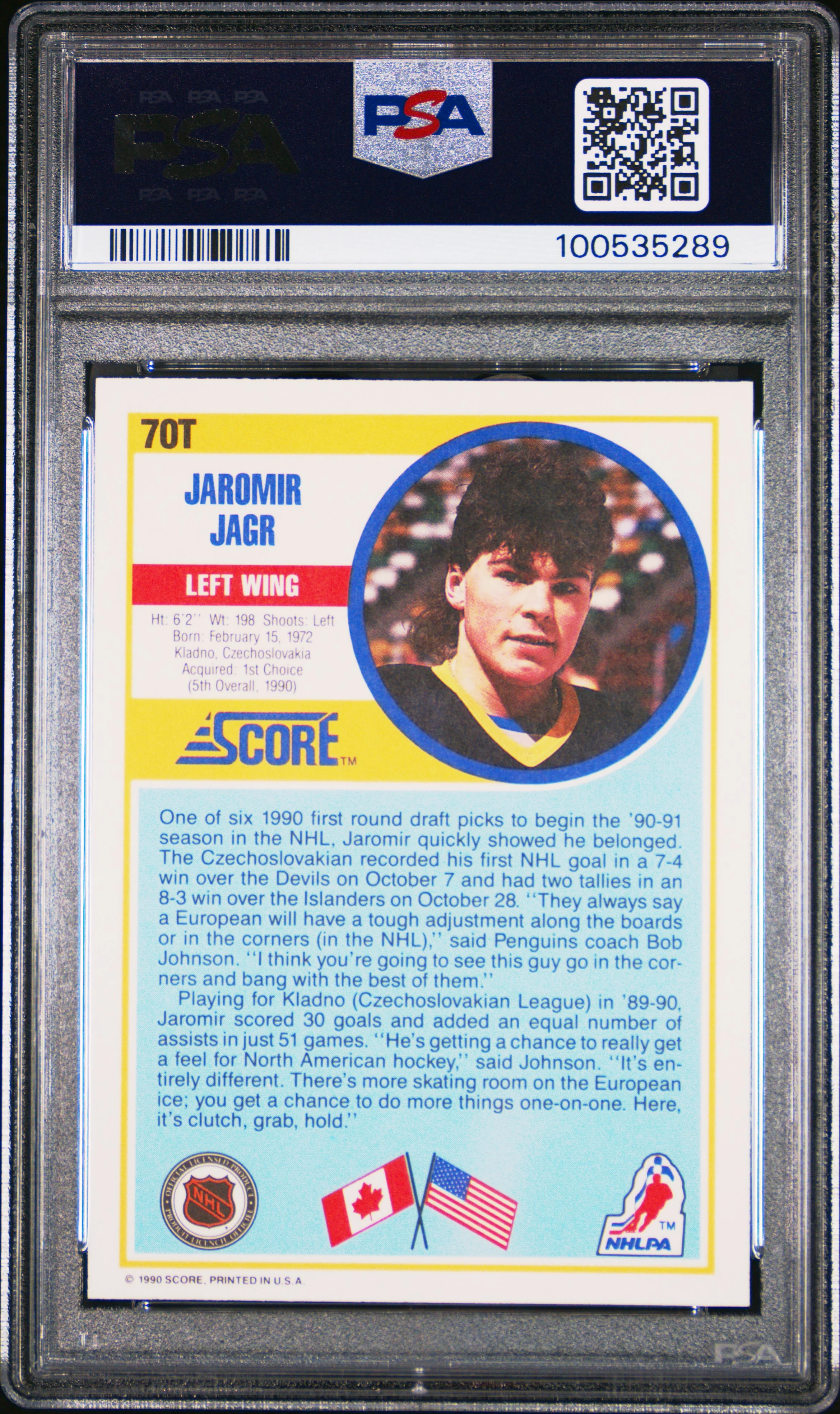 Jaromir Jagr 1990 Score R/T Pittsburgh Penguins Hockey Rookie Card RC #70T Graded PSA 10 Cert #100535289 - Image 2