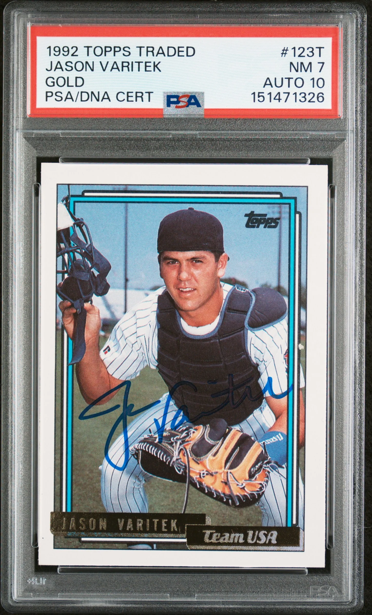 Jason Varitek 1992 Topps Traded Gold Team USA Signed Baseball Rookie Card RC #123T Graded PSA 7 Auto 10 Cert #151471326