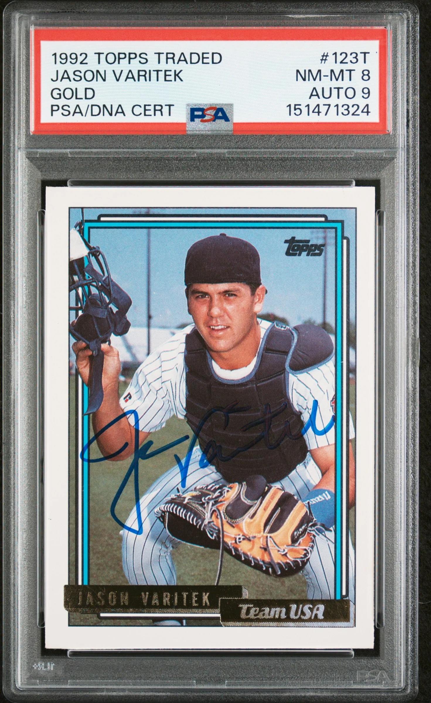 Jason Varitek 1992 Topps Traded Gold Team USA Signed Baseball Rookie Card RC #123T Graded PSA 8 Auto 9 Cert #151471324