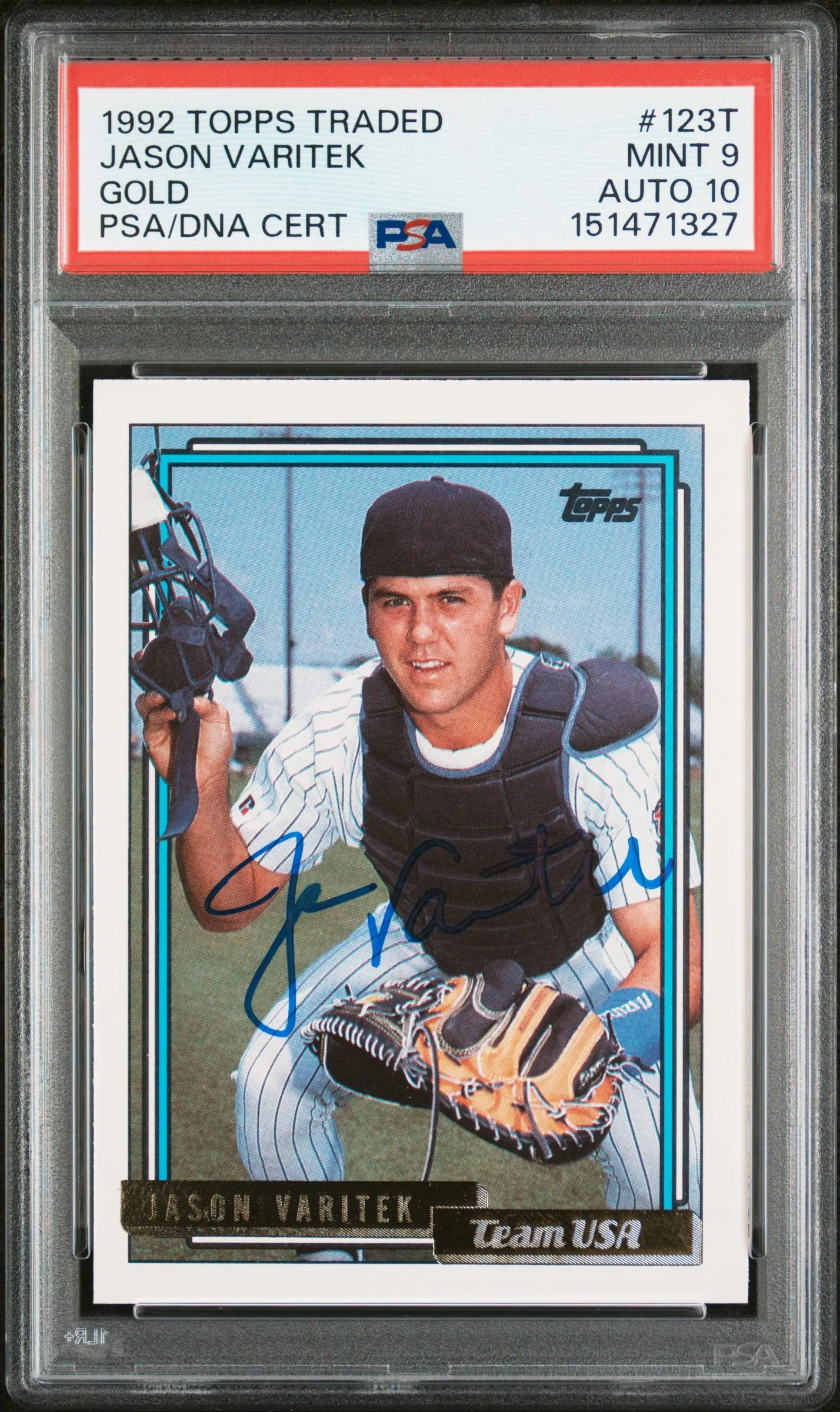 Jason Varitek 1992 Topps Traded Gold Team USA Signed Baseball Rookie Card RC #123T Graded PSA 9 Auto 10 Cert #151471327