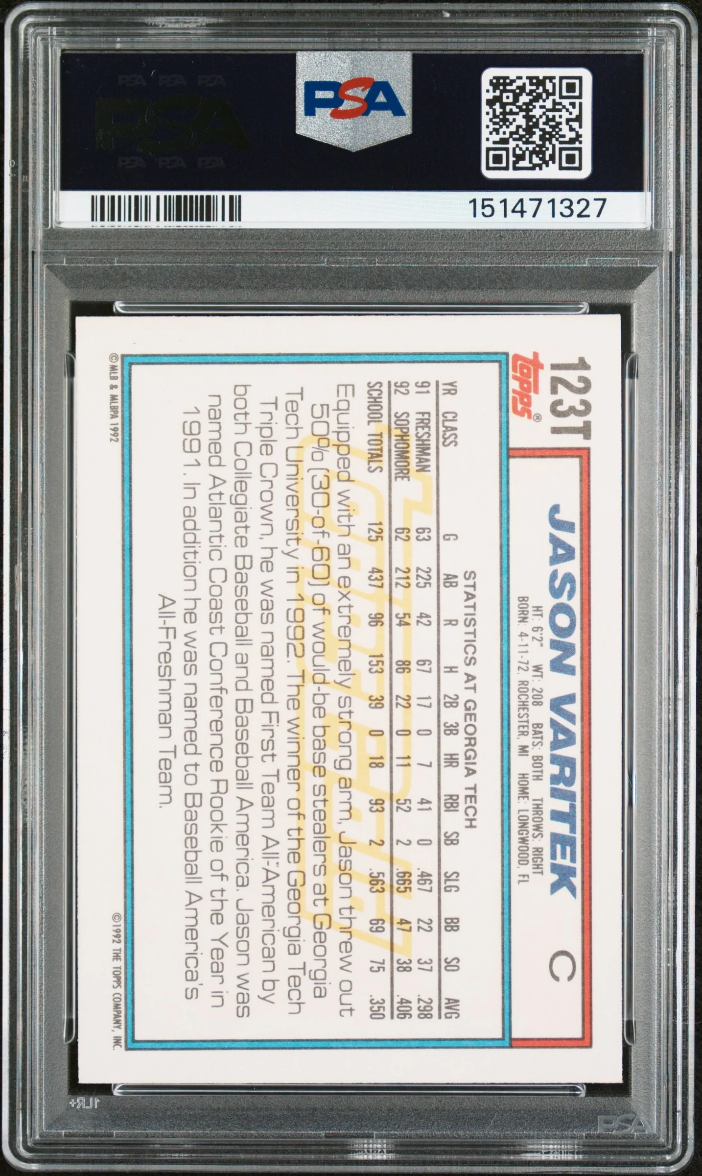 Jason Varitek 1992 Topps Traded Gold Team USA Signed Baseball Rookie Card RC #123T Graded PSA 9 Auto 10 Cert #151471327 - Image 2