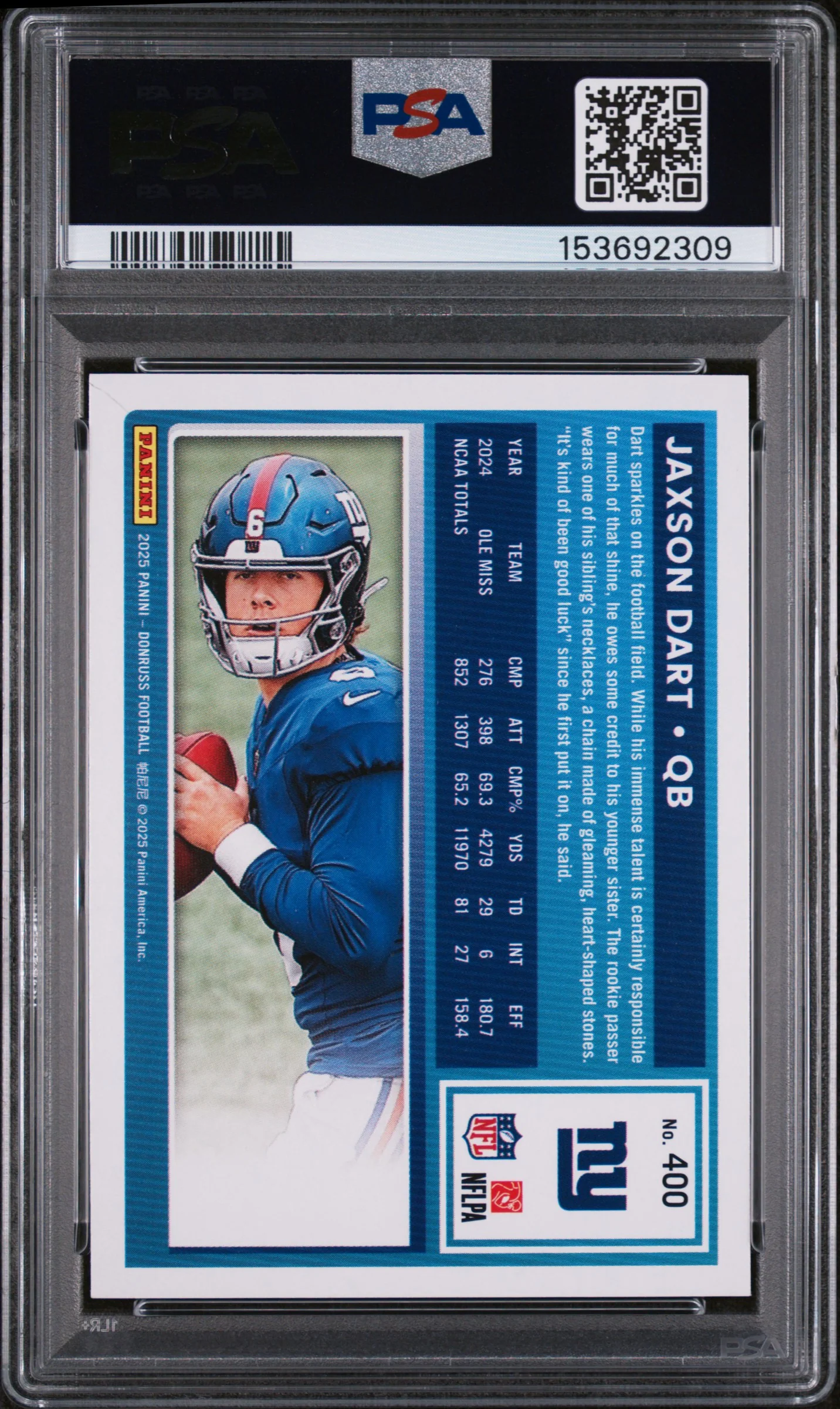 Jaxson Dart 2025 Donruss New York Giants Football Rated Rookie Card #400 Graded PSA 9 Cert #153692309 - Image 2