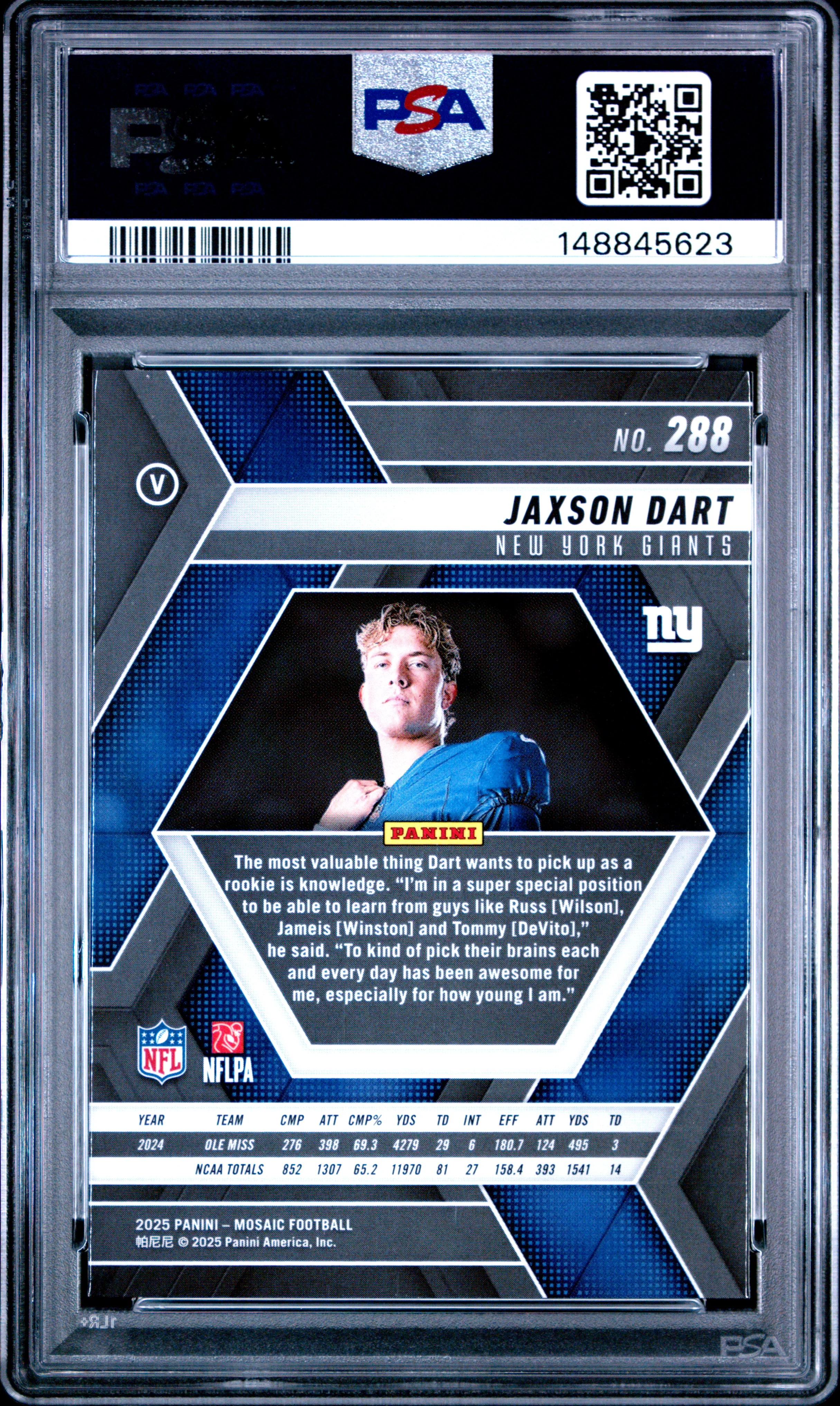 Jaxson Dart 2025 Panini Mosaic New York Giants Football RC Rookie Card #288 Graded PSA 10 Cert #148845623 - Image 2