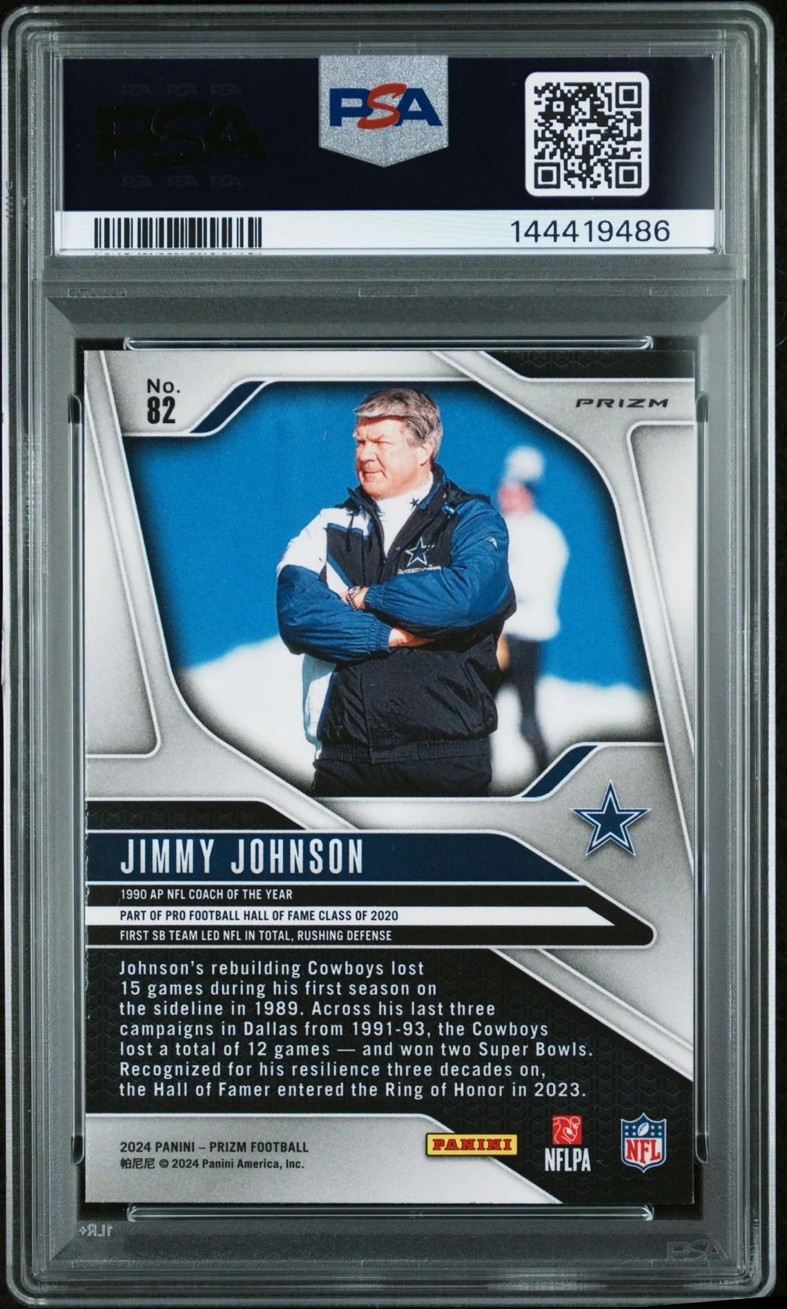 Jimmy Johnson 2024 Panini Prizm Blue Dallas Cowboys Signed Football Card #82 Graded PSA 9 Auto 10 Cert #144419486 - Image 2