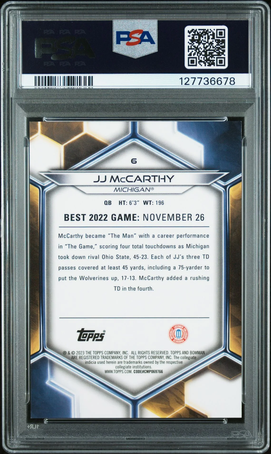 JJ McCarthy 2023 Bowman U Best Football Rookie Card #6 Graded Graded PSA 9 4/150 Cert # 127736678 - Image 2